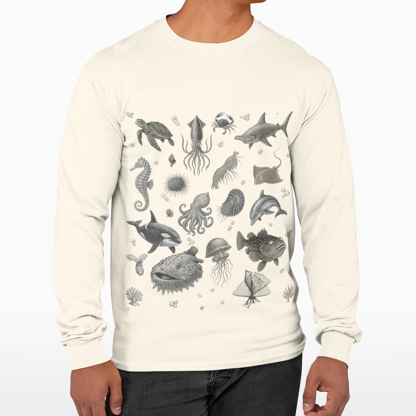 Ocean Life Graphic Long Sleeve T-Shirt, Marine Animal Tee, Sea Creature Shirt, Nautical Casual Wear, Beach Vacation Top