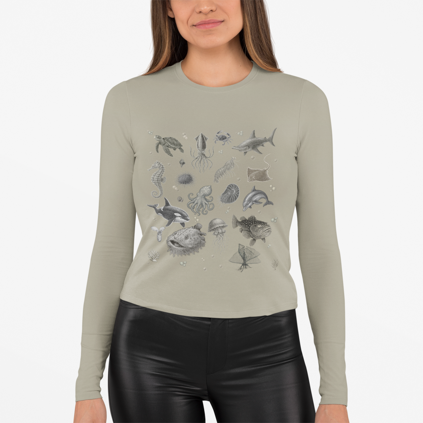 Ocean Life Graphic Long Sleeve T-Shirt, Marine Animal Tee, Sea Creature Shirt, Nautical Casual Wear, Beach Vacation Top