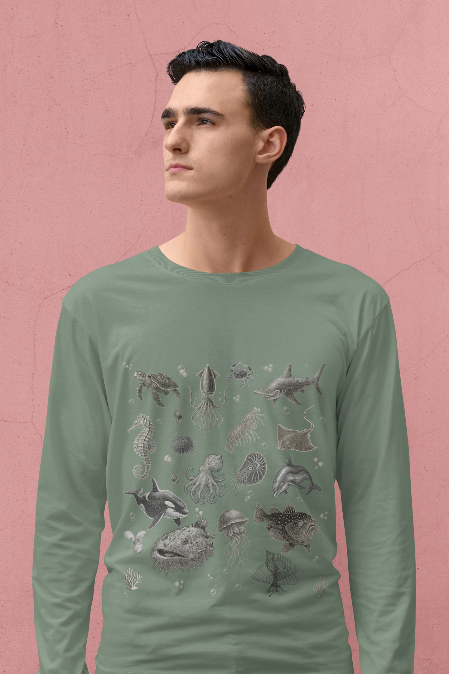 Ocean Life Graphic Long Sleeve T-Shirt, Marine Animal Tee, Sea Creature Shirt, Nautical Casual Wear, Beach Vacation Top