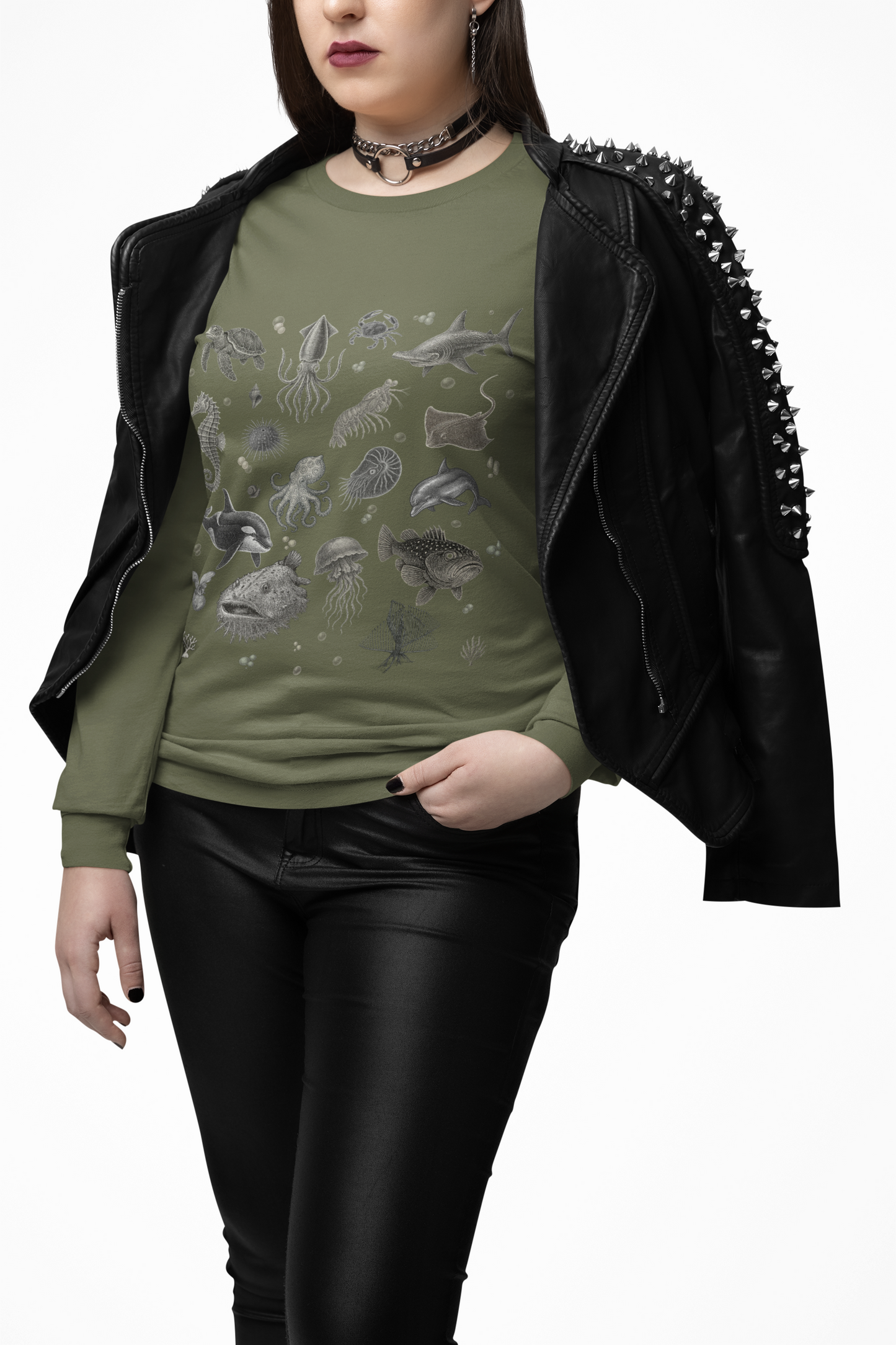 Ocean Life Graphic Long Sleeve T-Shirt, Marine Animal Tee, Sea Creature Shirt, Nautical Casual Wear, Beach Vacation Top