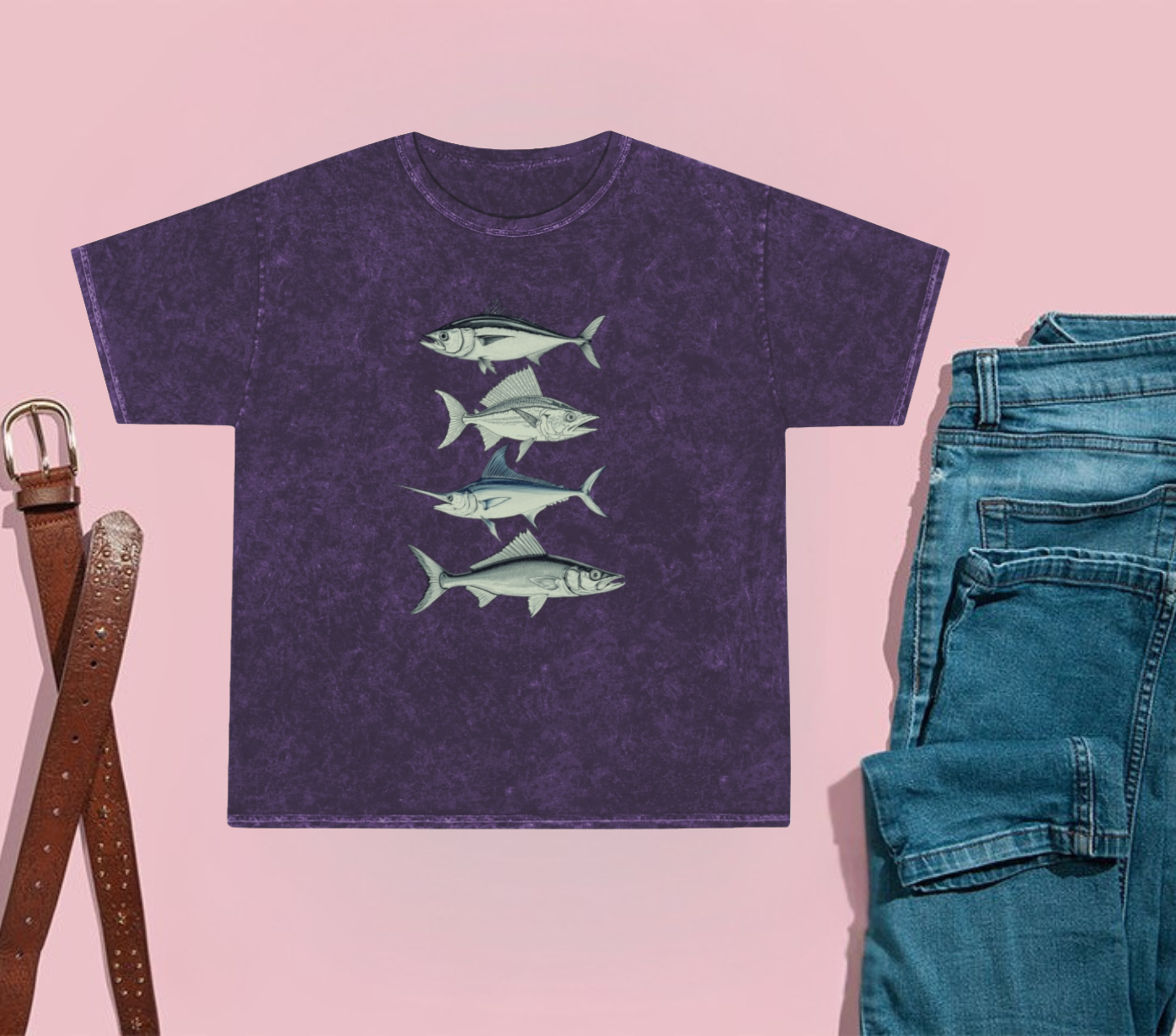 Saltwater Legends Unisex T-Shirt Mahi, Yellowfin, Marlin,Barracuda Retro Fish Tee-Vintage Hand-Drawn Ocean Fishing Shirt- Mineral Wash
