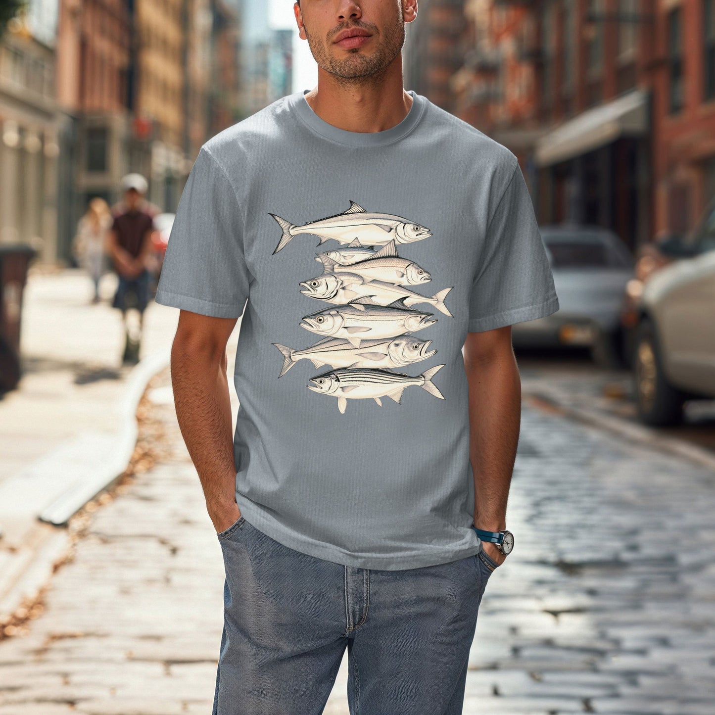 Vintage Saltwater Catch T-Shirt-7 Ocean Game Fish in Retro Ink -Unisex Fisherman's Heritage Tee- Hand-Drawn Deep Sea Collection