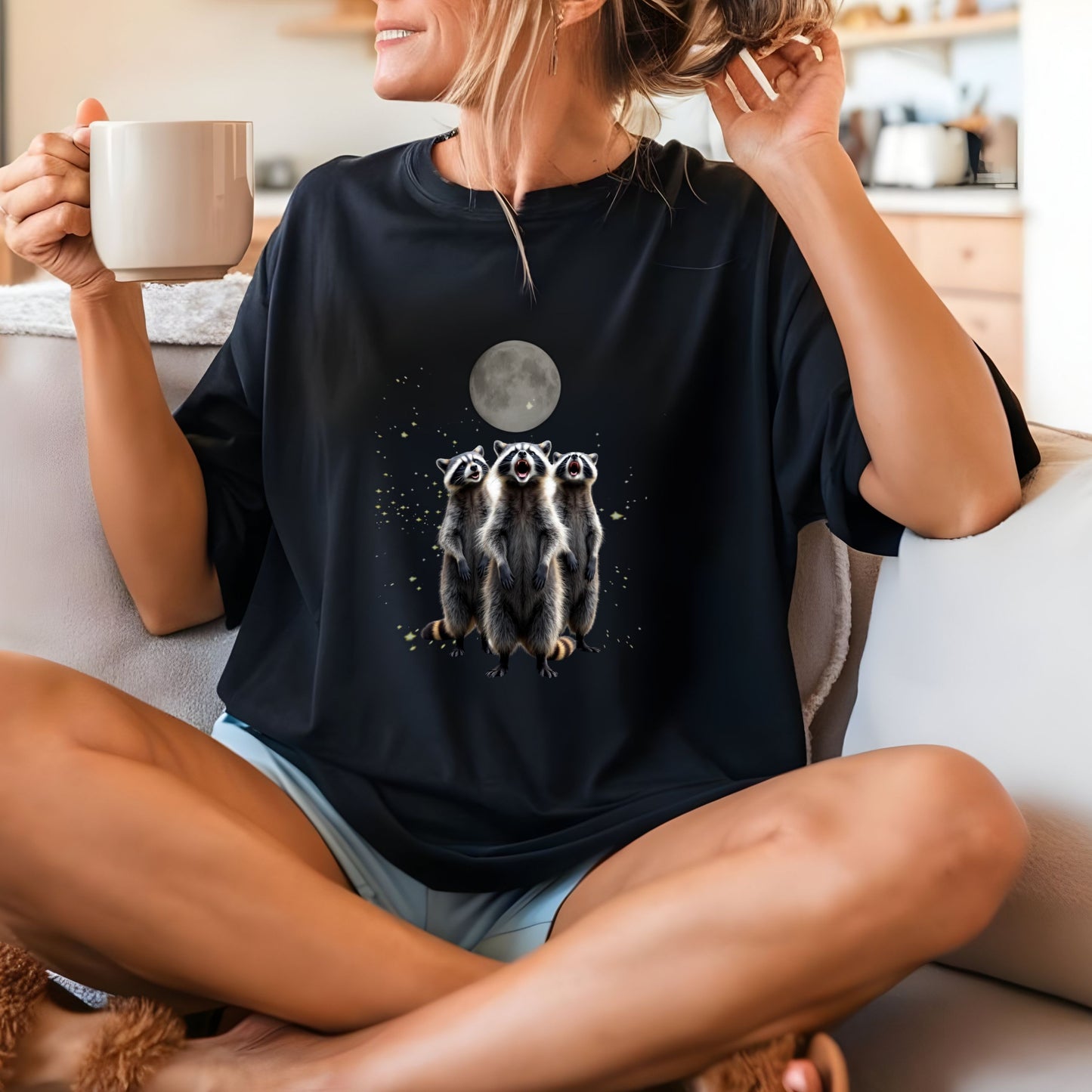 Moonlit Raccoon T-Shirt, Three Raccoons Screaming Unisex Animal Tee, Nature Lover Gift, Absurd Animal Meme,Vintage Retro Funny Raccoon Shirt