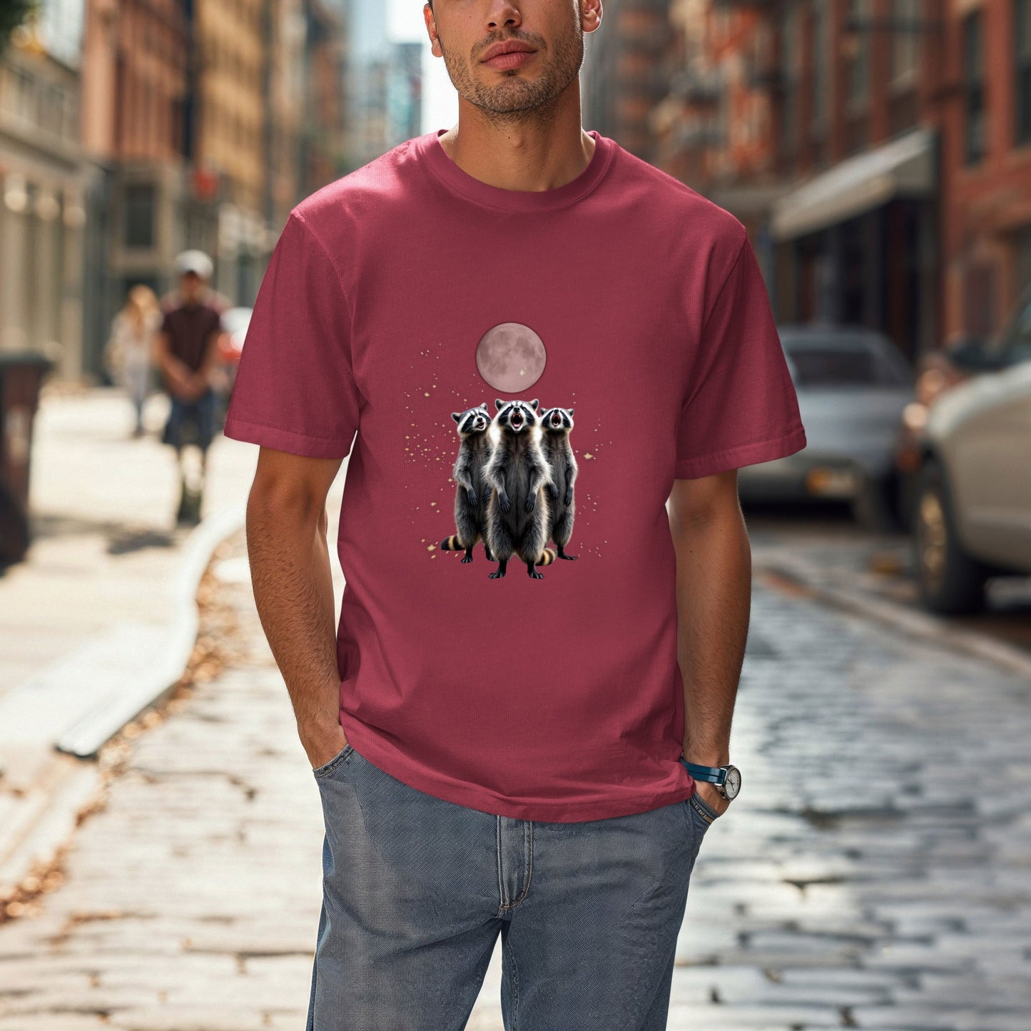 Moonlit Raccoon T-Shirt, Three Raccoons Screaming Unisex Animal Tee, Nature Lover Gift, Absurd Animal Meme,Vintage Retro Funny Raccoon Shirt