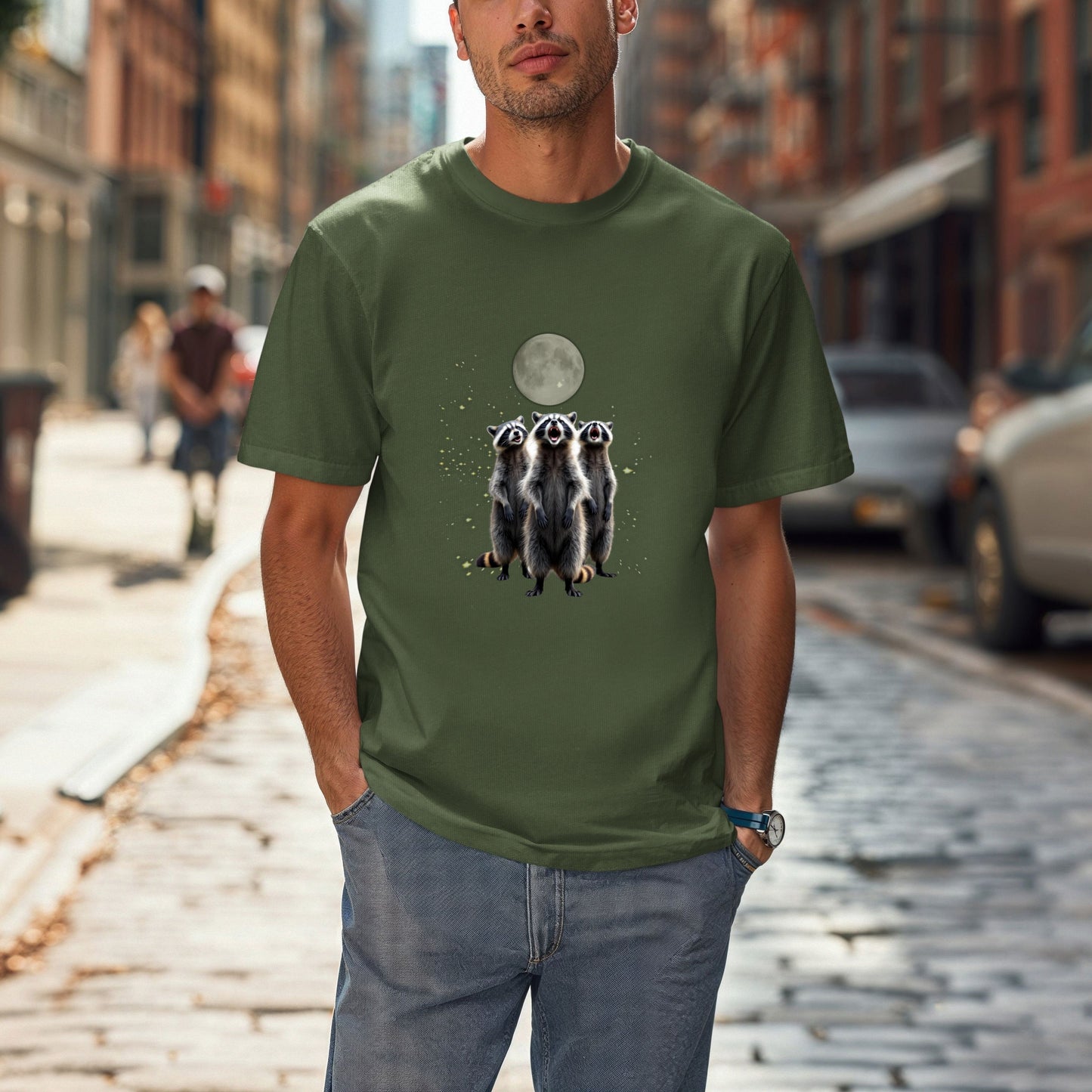 Moonlit Raccoon T-Shirt, Three Raccoons Screaming Unisex Animal Tee, Nature Lover Gift, Absurd Animal Meme,Vintage Retro Funny Raccoon Shirt