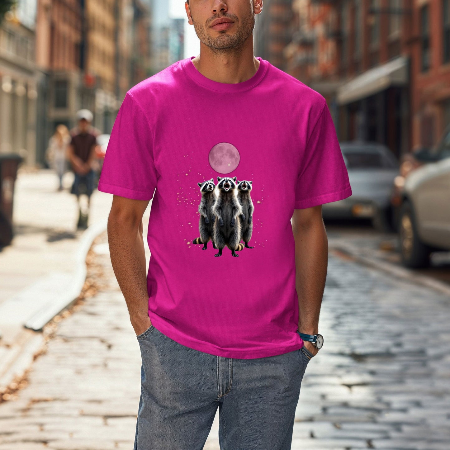 Moonlit Raccoon T-Shirt, Three Raccoons Screaming Unisex Animal Tee, Nature Lover Gift, Absurd Animal Meme,Vintage Retro Funny Raccoon Shirt