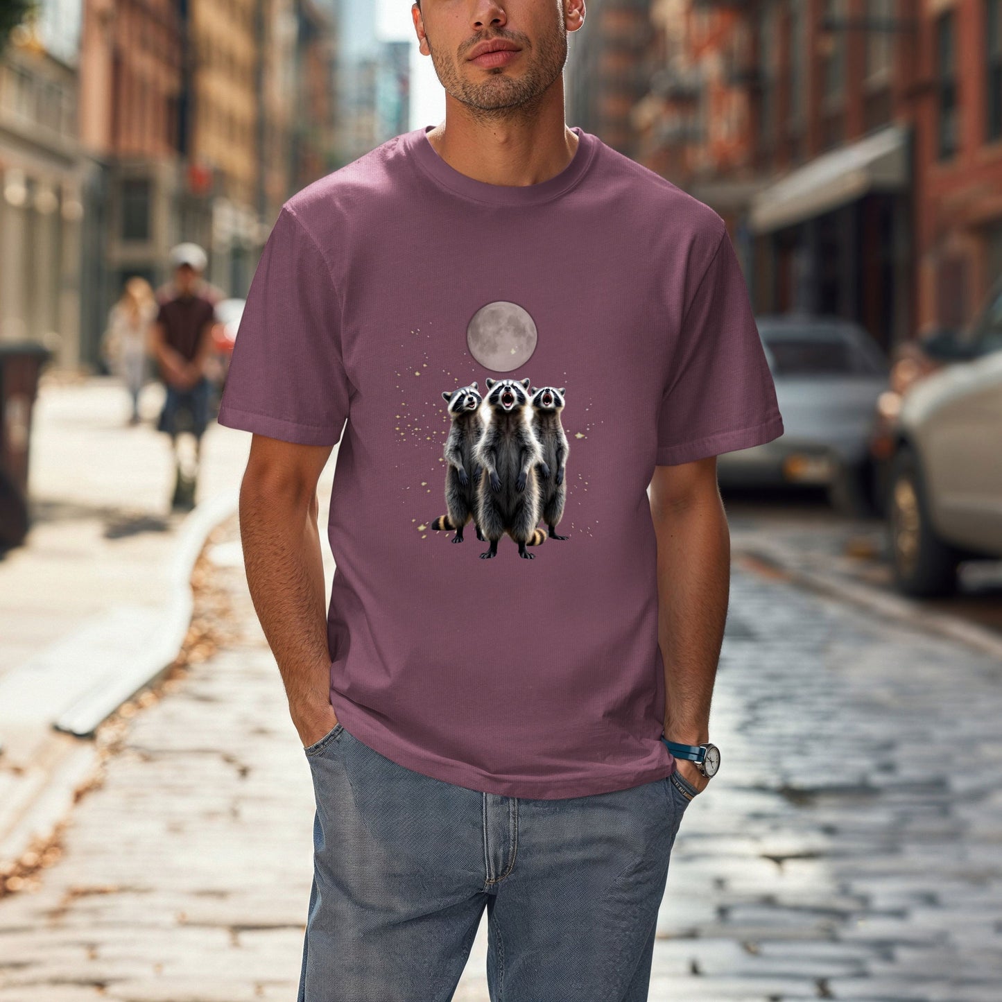 Moonlit Raccoon T-Shirt, Three Raccoons Screaming Unisex Animal Tee, Nature Lover Gift, Absurd Animal Meme,Vintage Retro Funny Raccoon Shirt