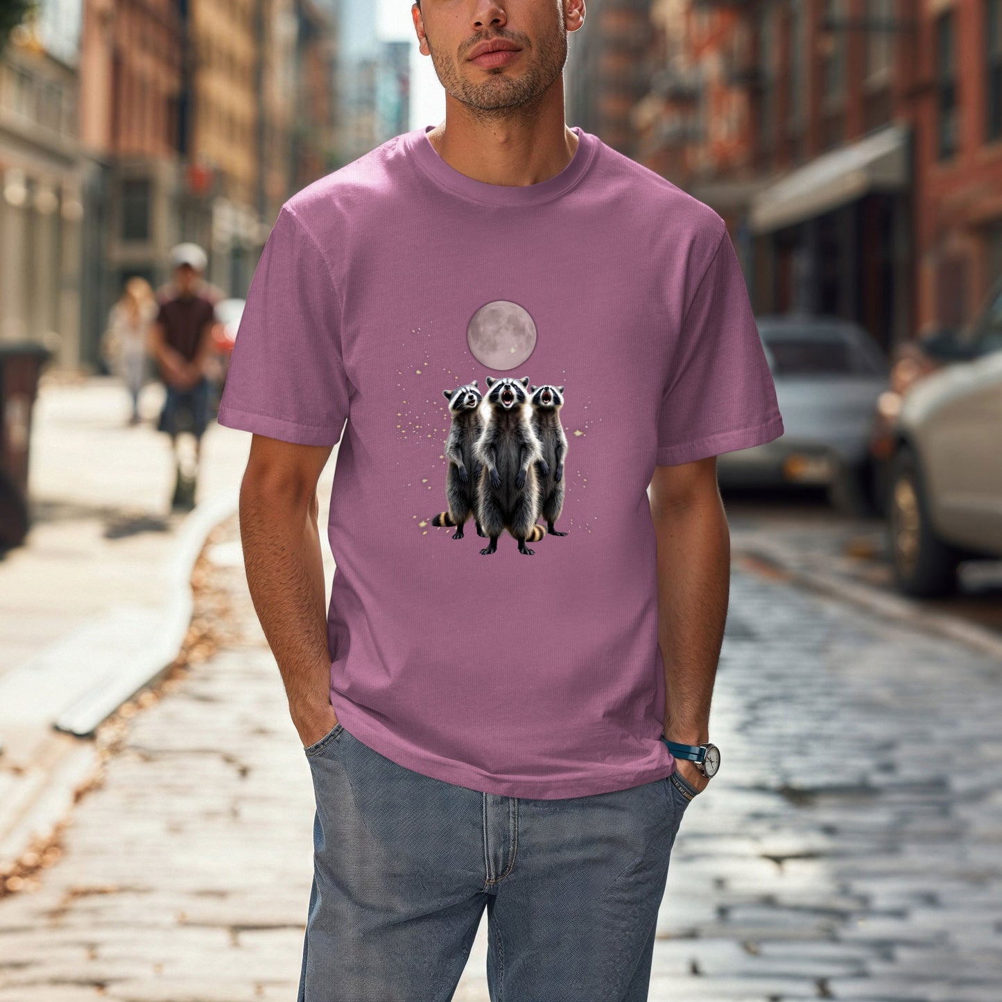 Moonlit Raccoon T-Shirt, Three Raccoons Screaming Unisex Animal Tee, Nature Lover Gift, Absurd Animal Meme,Vintage Retro Funny Raccoon Shirt