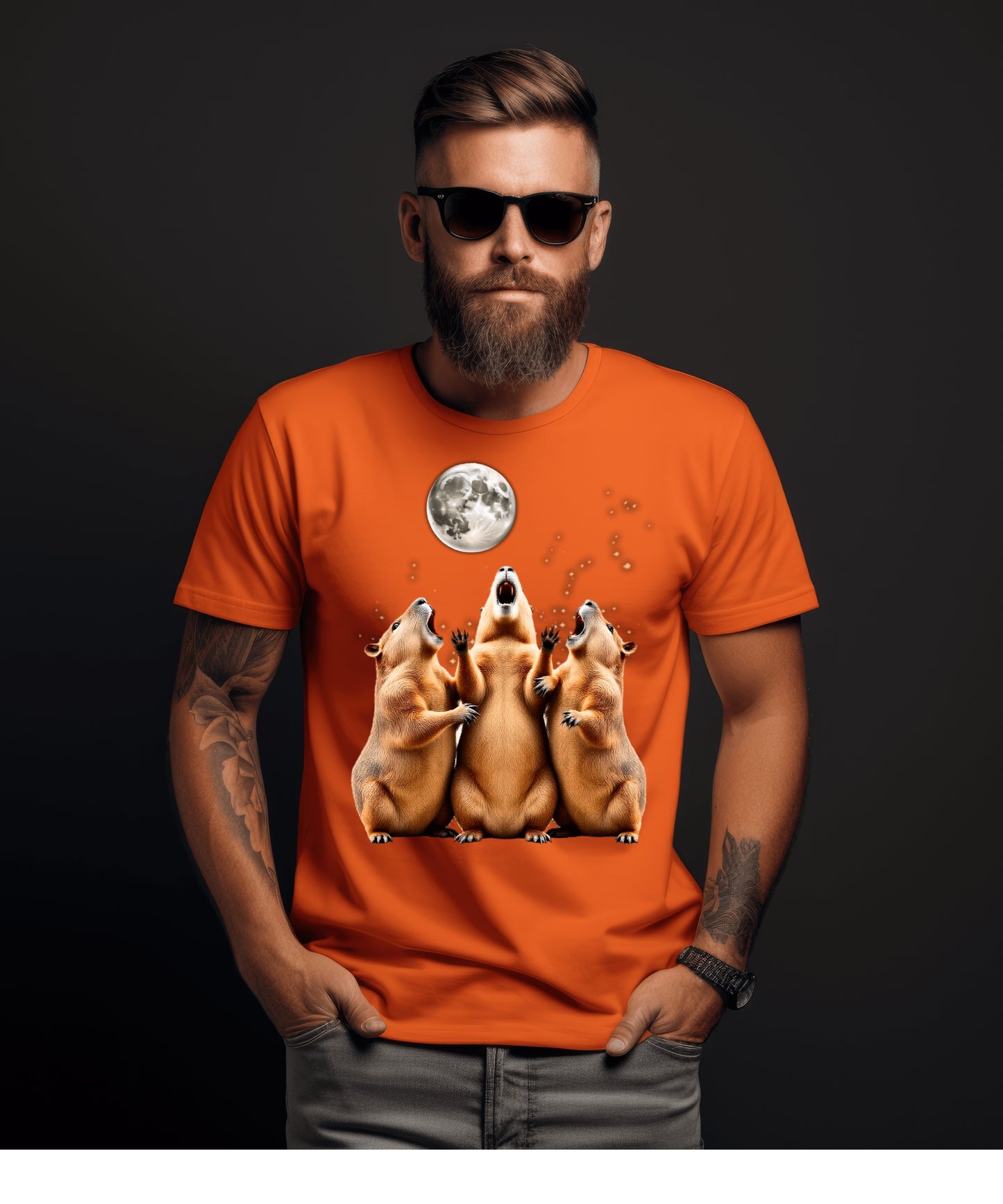 Three Capybaras Howling at the Moon Shirt - Funny Animal Moon Tee, Screaming Capybara Meme T-Shirt, Retro Weird Gift for Nature Lovers Washed Tee