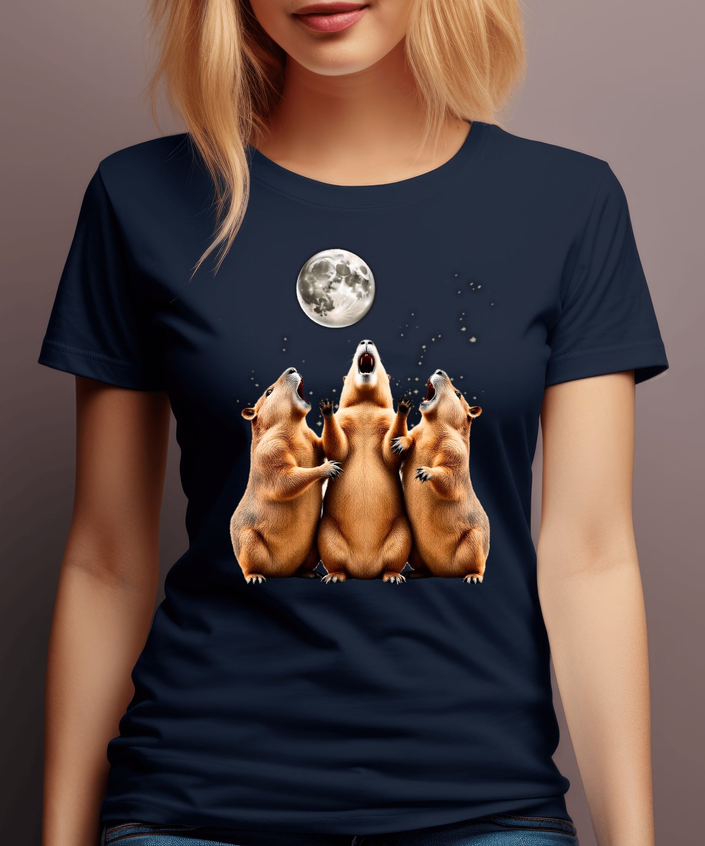Three Capybaras Howling at the Moon Shirt - Funny Animal Moon Tee, Screaming Capybara Meme T-Shirt, Retro Weird Gift for Nature Lovers Washed Tee