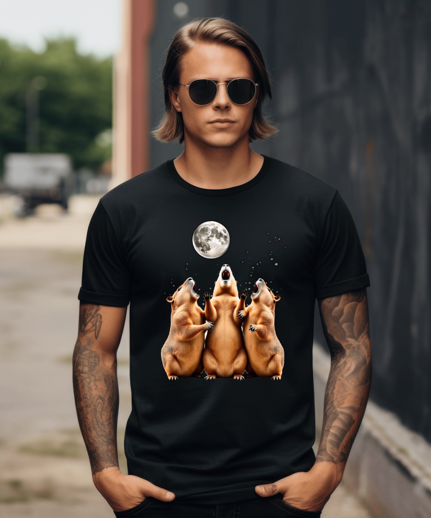 Three Capybaras Howling at the Moon Shirt - Funny Animal Moon Tee, Screaming Capybara Meme T-Shirt, Retro Weird Gift for Nature Lovers Washed Tee