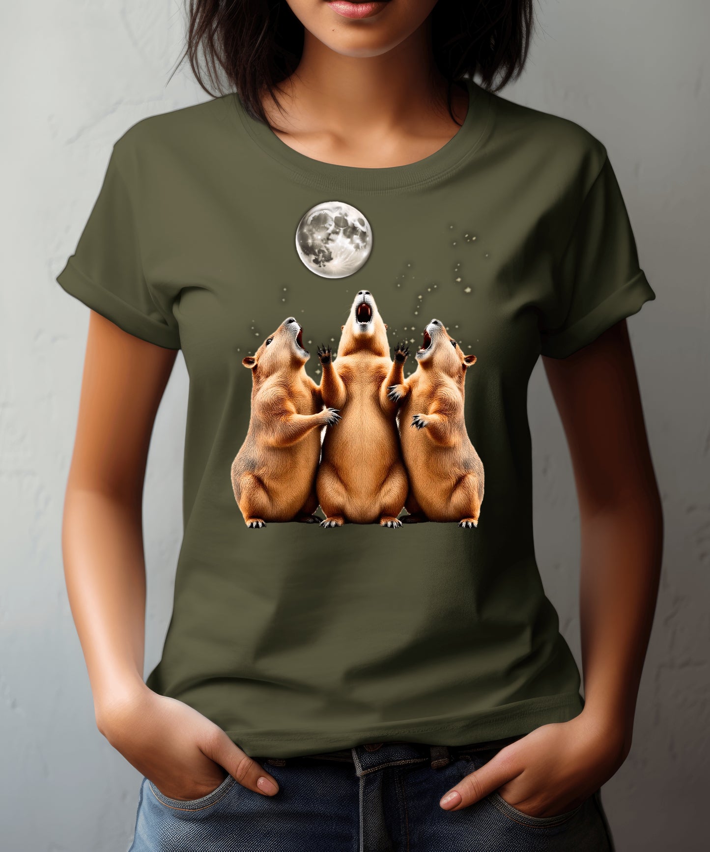 Three Capybaras Howling at the Moon Shirt - Funny Animal Moon Tee, Screaming Capybara Meme T-Shirt, Retro Weird Gift for Nature Lovers Washed Tee
