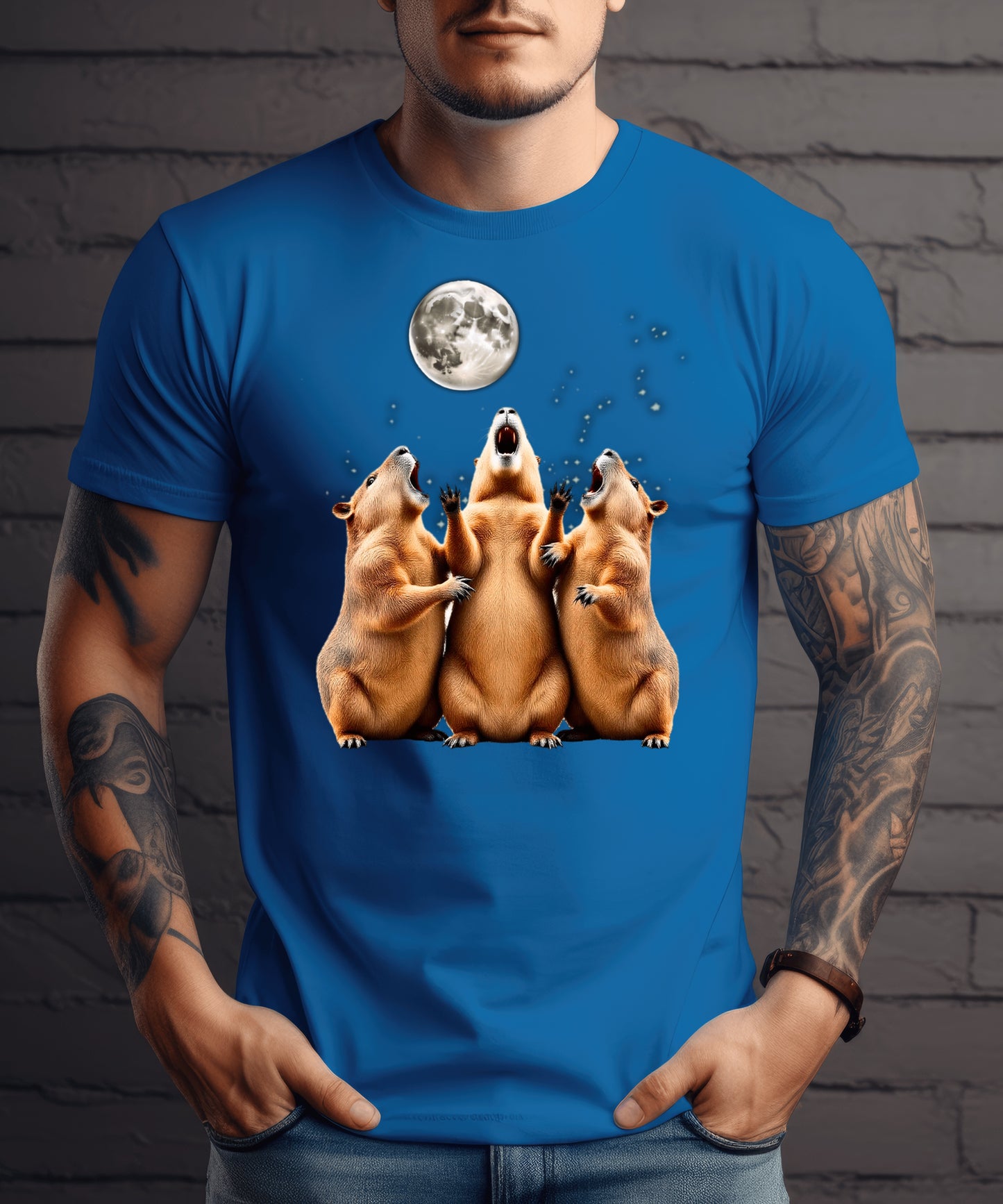 Three Capybaras Howling at the Moon Shirt - Funny Animal Moon Tee, Screaming Capybara Meme T-Shirt, Retro Weird Gift for Nature Lovers Washed Tee