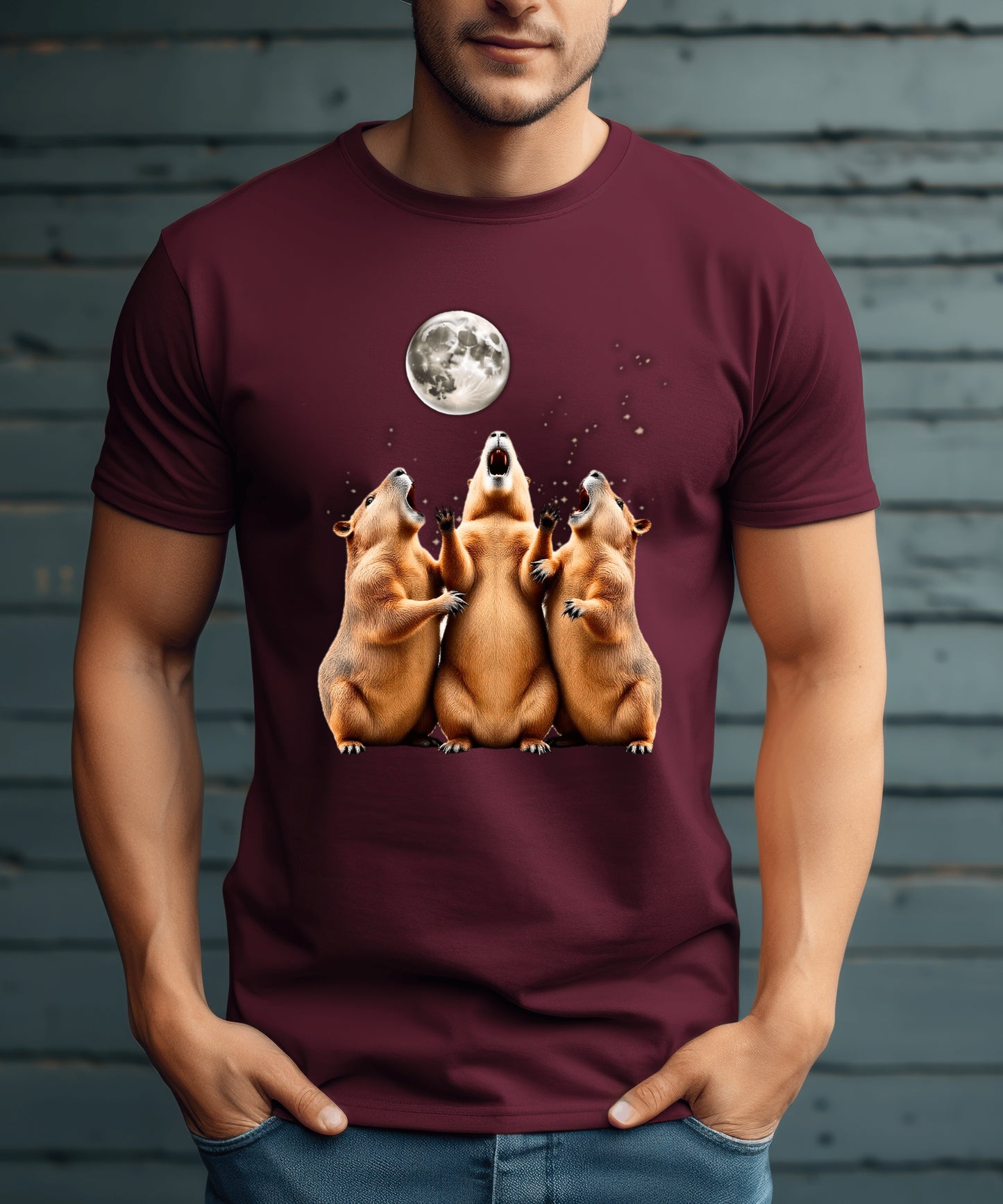Three Capybaras Howling at the Moon Shirt - Funny Animal Moon Tee, Screaming Capybara Meme T-Shirt, Retro Weird Gift for Nature Lovers Washed Tee