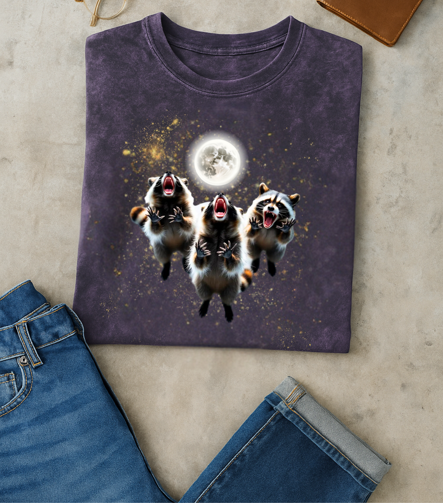 Three Raccoons Howling at the Moon-Midnight Raccoon Cult Tee,Full Moon Party Animal T-shirt, Silly Nature Lover Gift Washed Cotton Tee