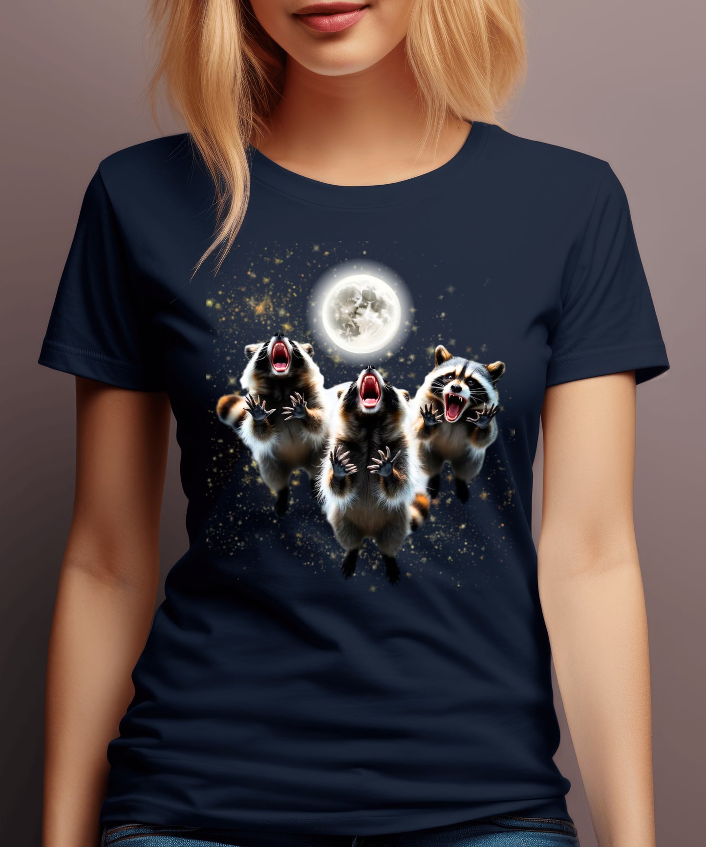 Three Raccoons Howling at the Moon Raising Paws Shirt,Midnight Raccoon Cult Tee,Full Moon Party Animal Washed T-shirt, Silly Nature Lover Gift