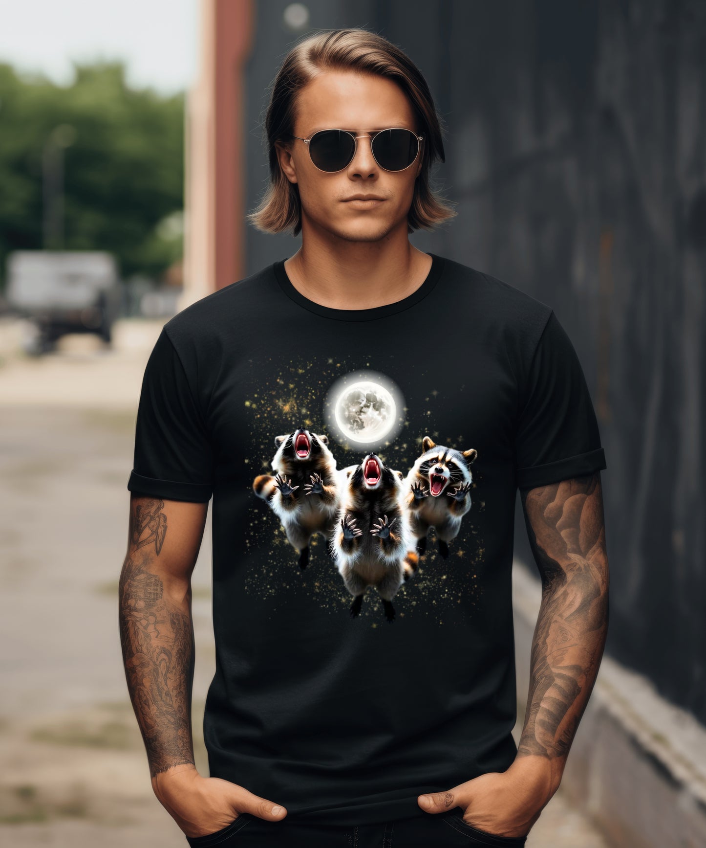 Three Raccoons Howling at the Moon Raising Paws Shirt,Midnight Raccoon Cult Tee,Full Moon Party Animal Washed T-shirt, Silly Nature Lover Gift