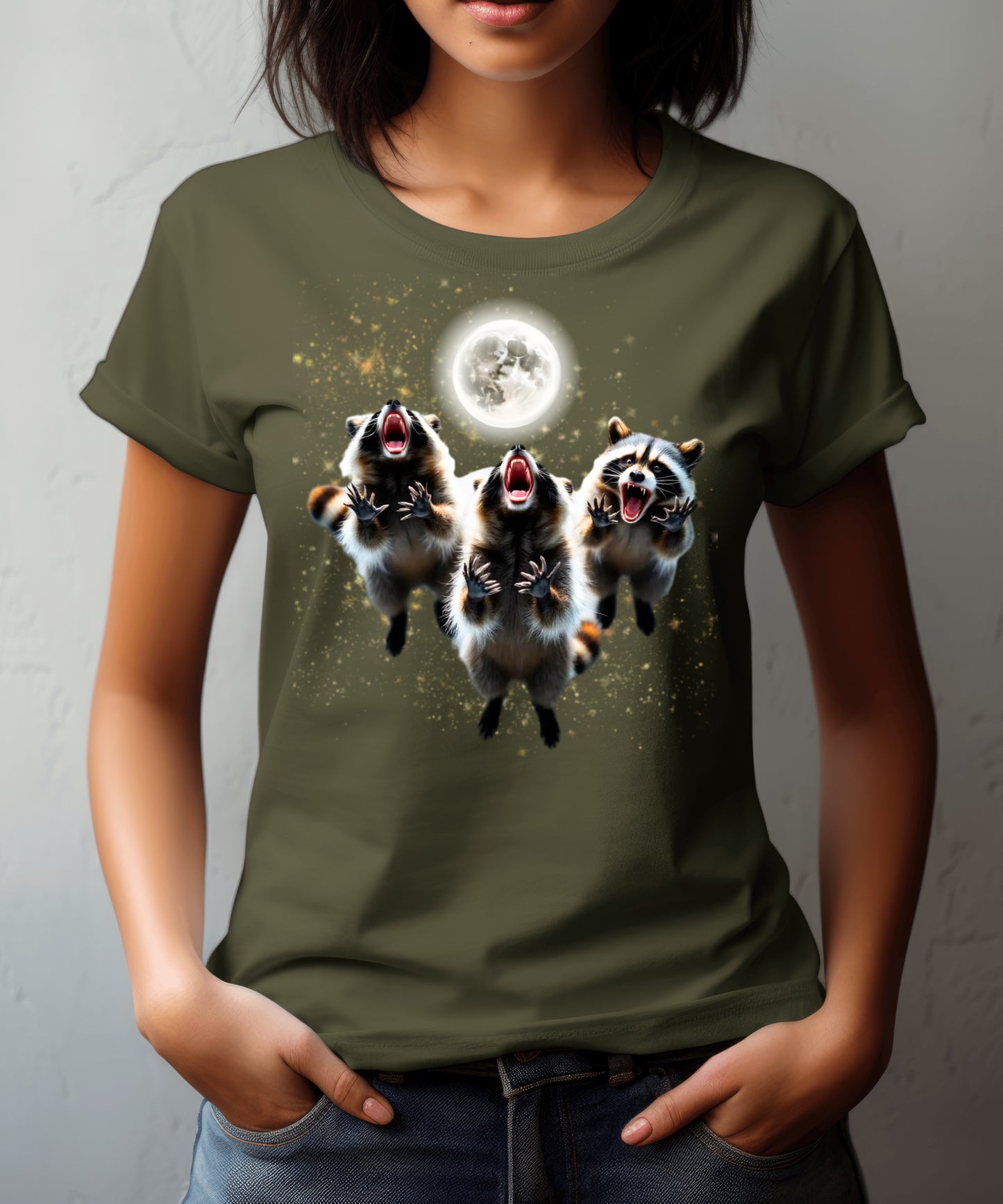 Three Raccoons Howling at the Moon Raising Paws Shirt,Midnight Raccoon Cult Tee,Full Moon Party Animal Washed T-shirt, Silly Nature Lover Gift