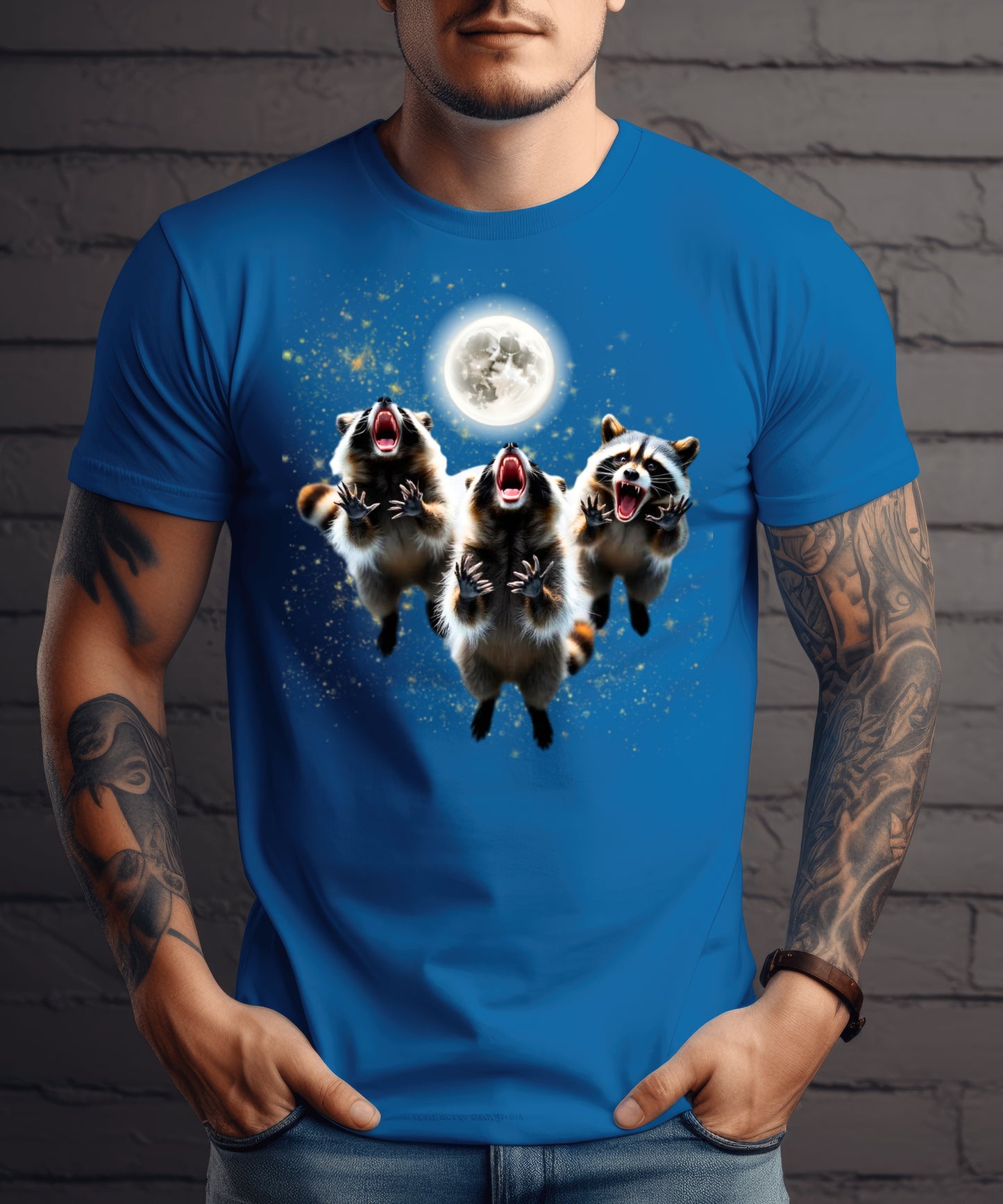 Three Raccoons Howling at the Moon Raising Paws Shirt,Midnight Raccoon Cult Tee,Full Moon Party Animal Washed T-shirt, Silly Nature Lover Gift