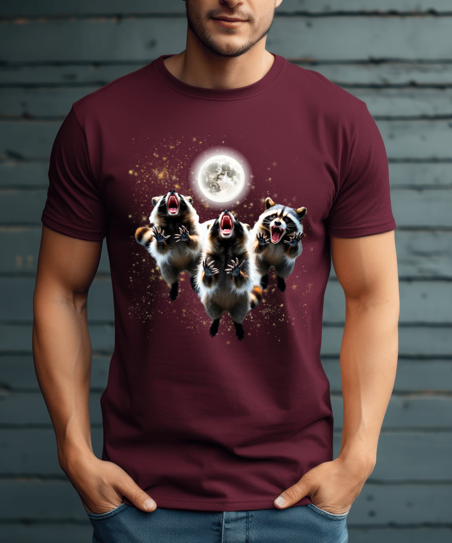 Three Raccoons Howling at the Moon Raising Paws Shirt,Midnight Raccoon Cult Tee,Full Moon Party Animal Washed T-shirt, Silly Nature Lover Gift