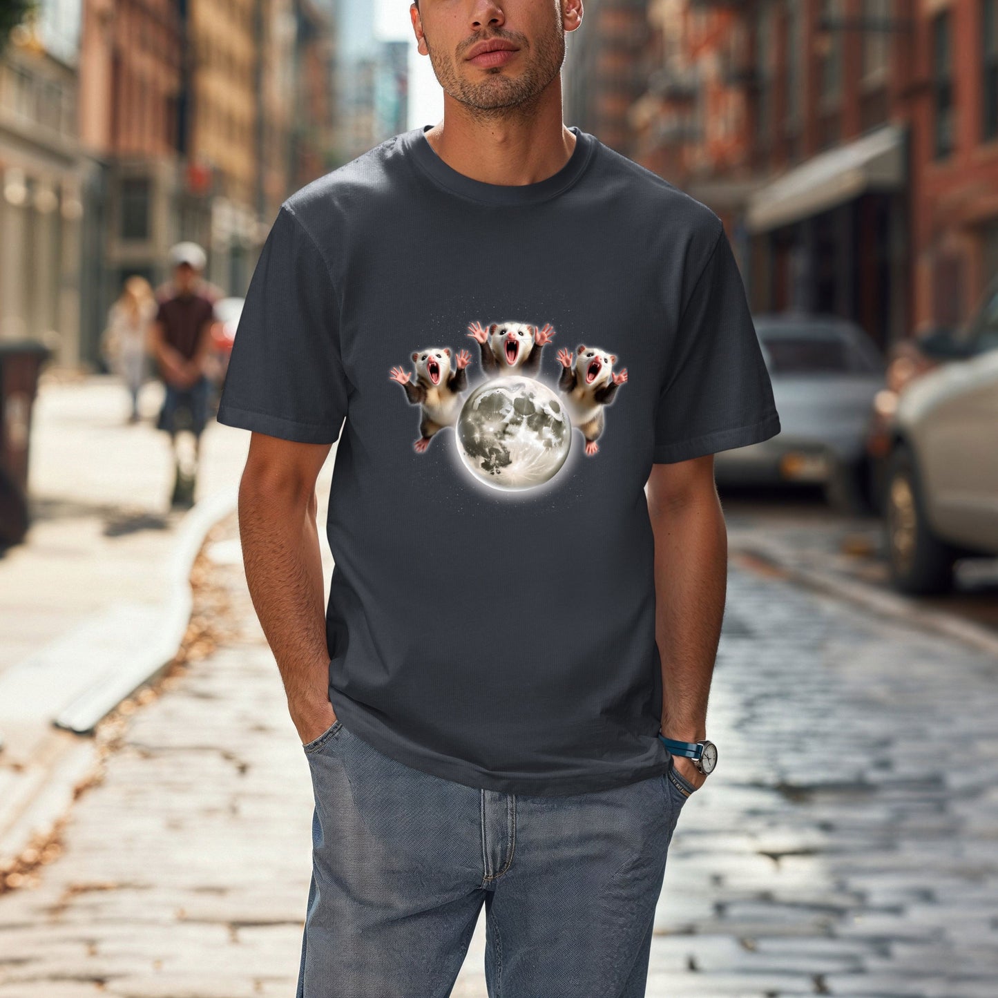 Three Screaming Possums Howling at the Moon Shirt- Funny Vintage Opossum Tee, Retro Howling Possum Unisex Washed  T- Shirt, Weird Animal Party Gift