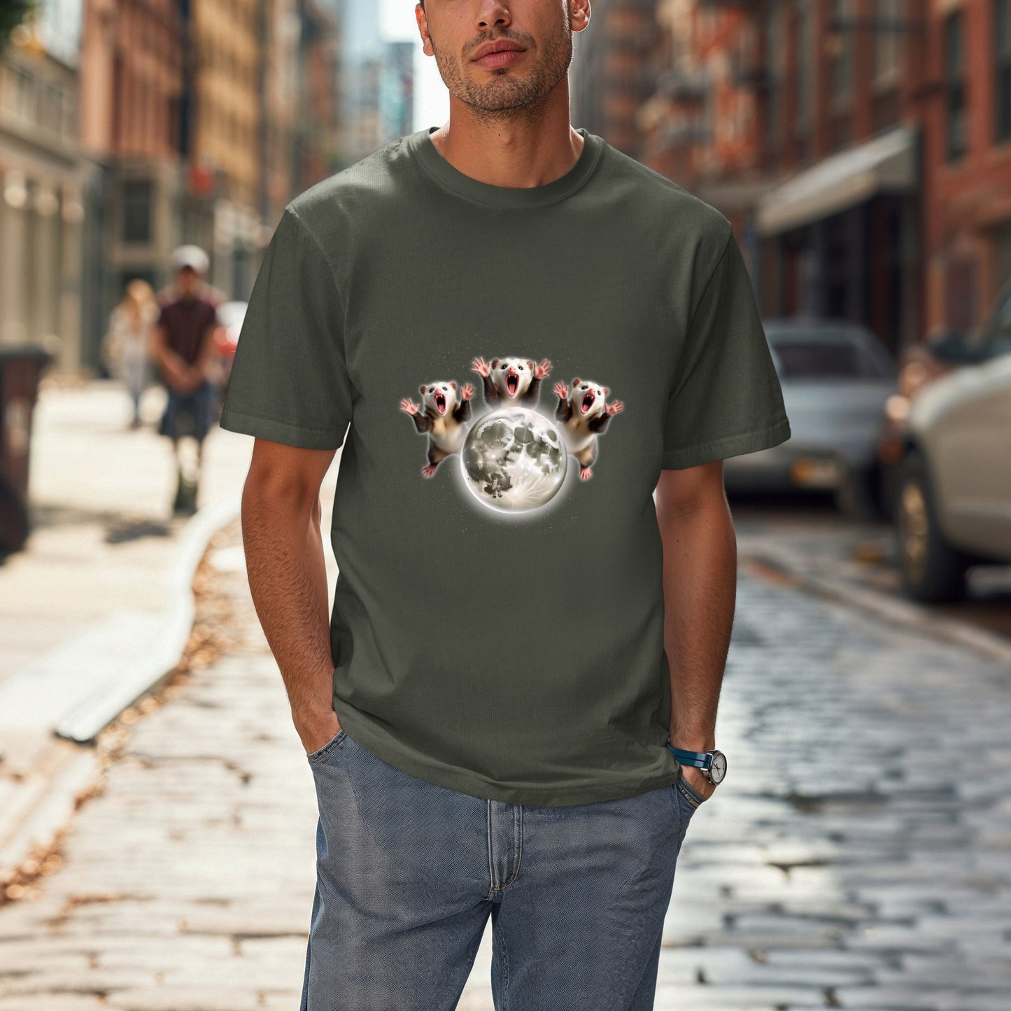 Three Screaming Possums Howling at the Moon Shirt- Funny Vintage Opossum Tee, Retro Howling Possum Unisex Washed  T- Shirt, Weird Animal Party Gift