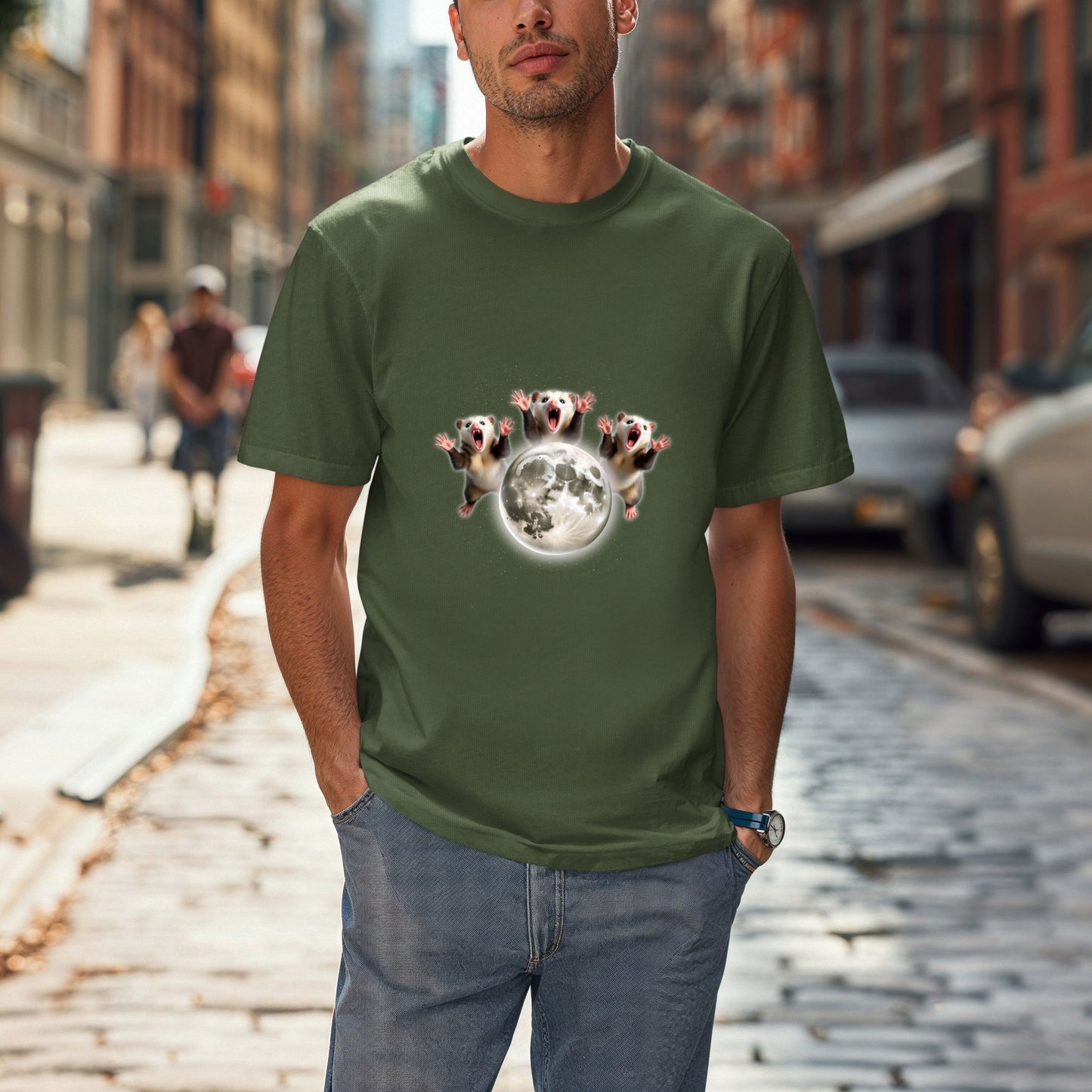 Three Screaming Possums Howling at the Moon Shirt- Funny Vintage Opossum Tee, Retro Howling Possum Unisex Washed  T- Shirt, Weird Animal Party Gift