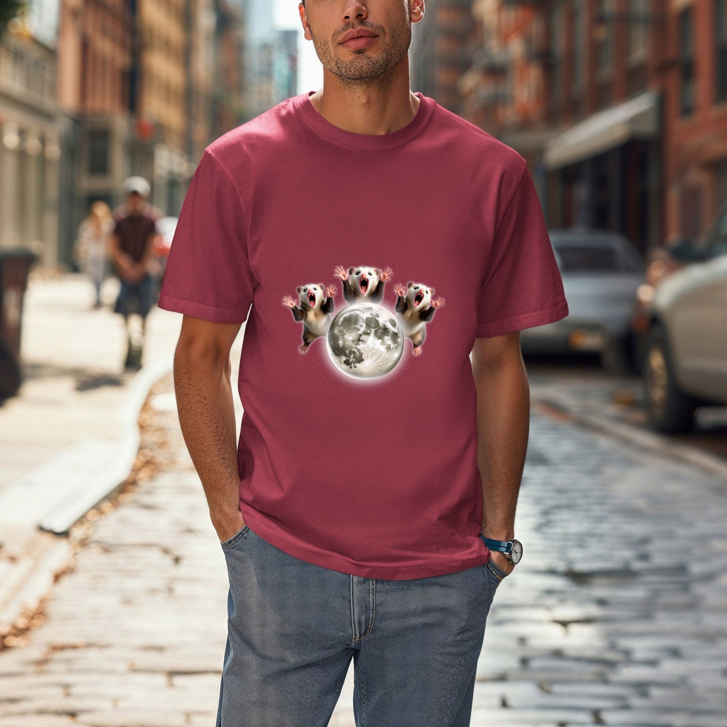 Three Screaming Possums Howling at the Moon Shirt- Funny Vintage Opossum Tee, Retro Howling Possum Unisex Washed  T- Shirt, Weird Animal Party Gift