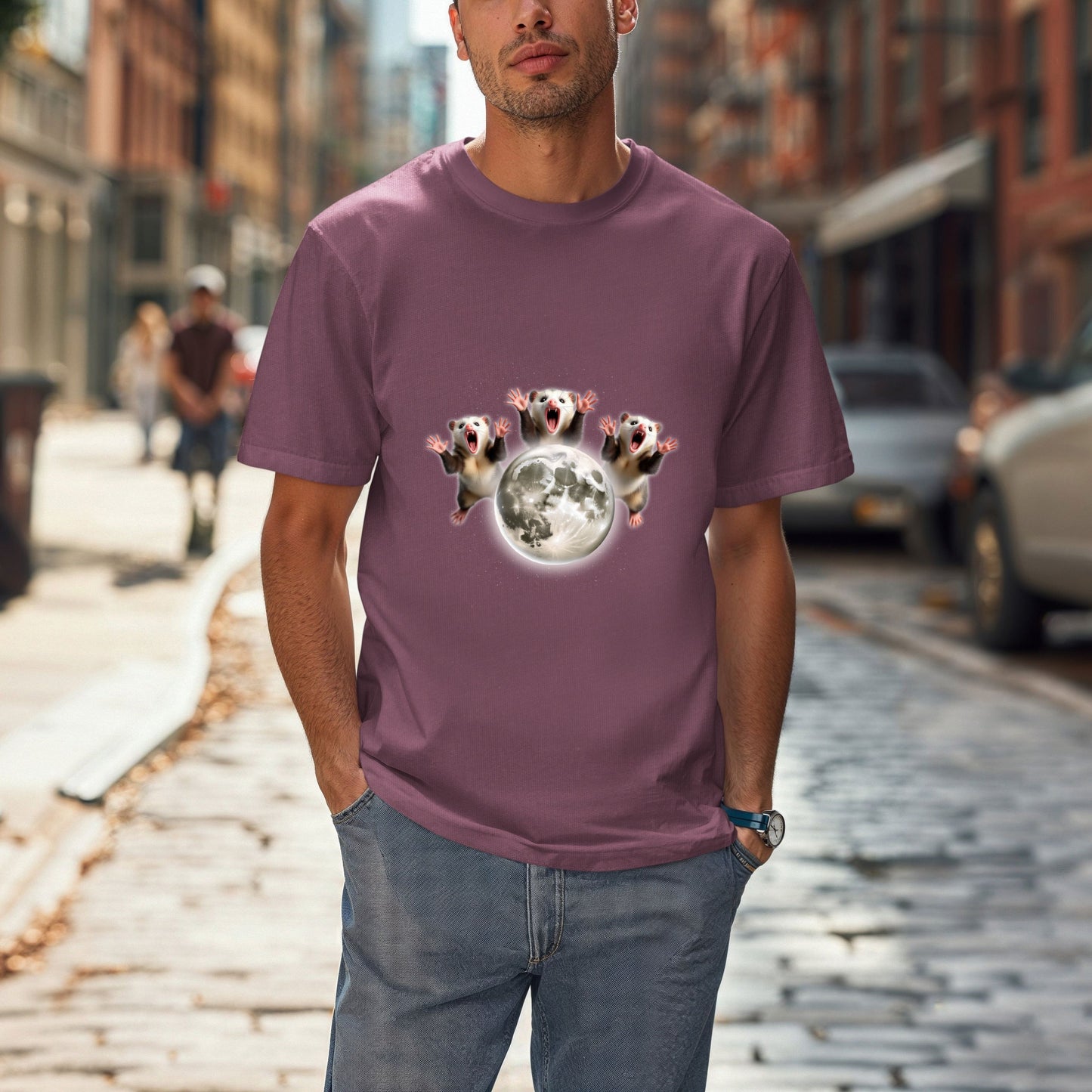 Three Screaming Possums Howling at the Moon Shirt- Funny Vintage Opossum Tee, Retro Howling Possum Unisex Washed  T- Shirt, Weird Animal Party Gift