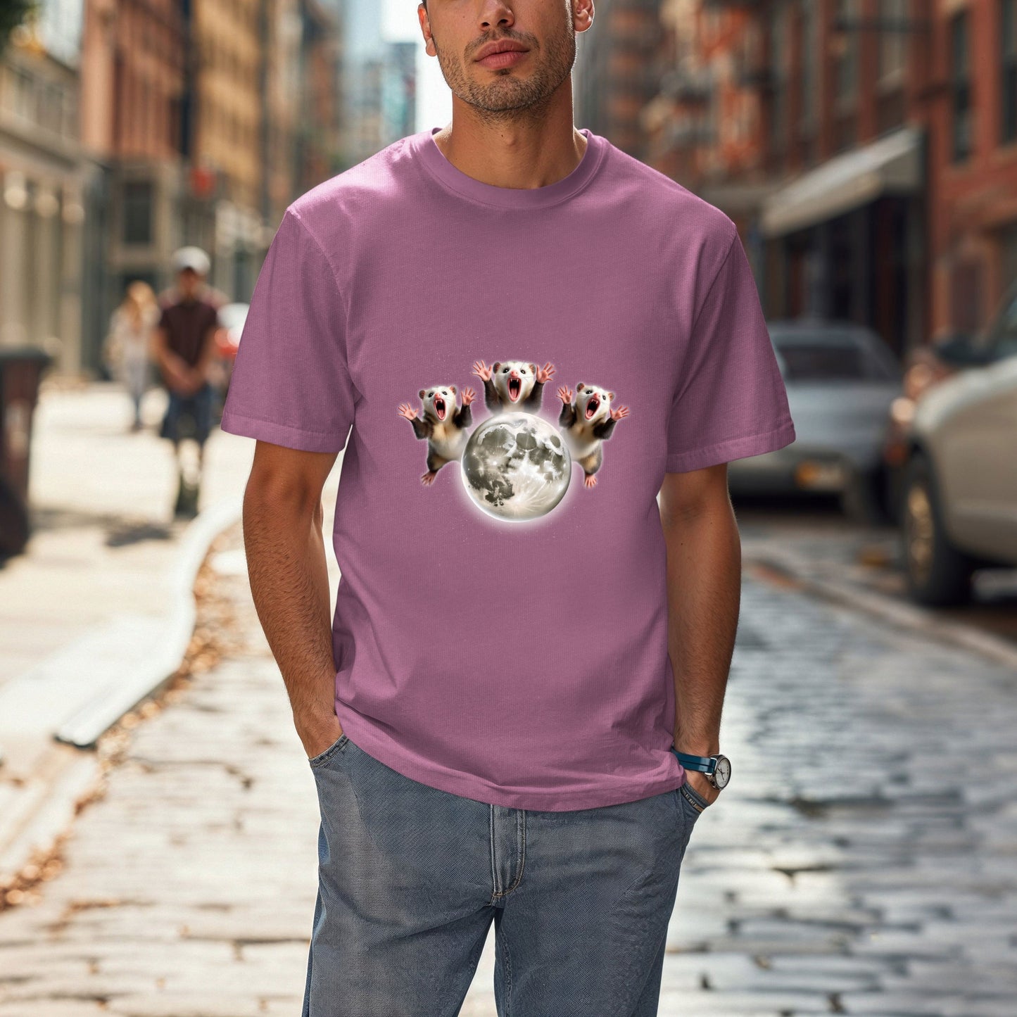 Three Screaming Possums Howling at the Moon Shirt- Funny Vintage Opossum Tee, Retro Howling Possum Unisex Washed  T- Shirt, Weird Animal Party Gift