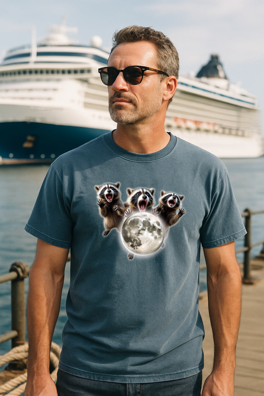 Three Raccoons Howling at the Moon- Midnight Screaming at the Moon, Full Moon Party Animal  Washed T-shirt, Silly Nature Lover Gift