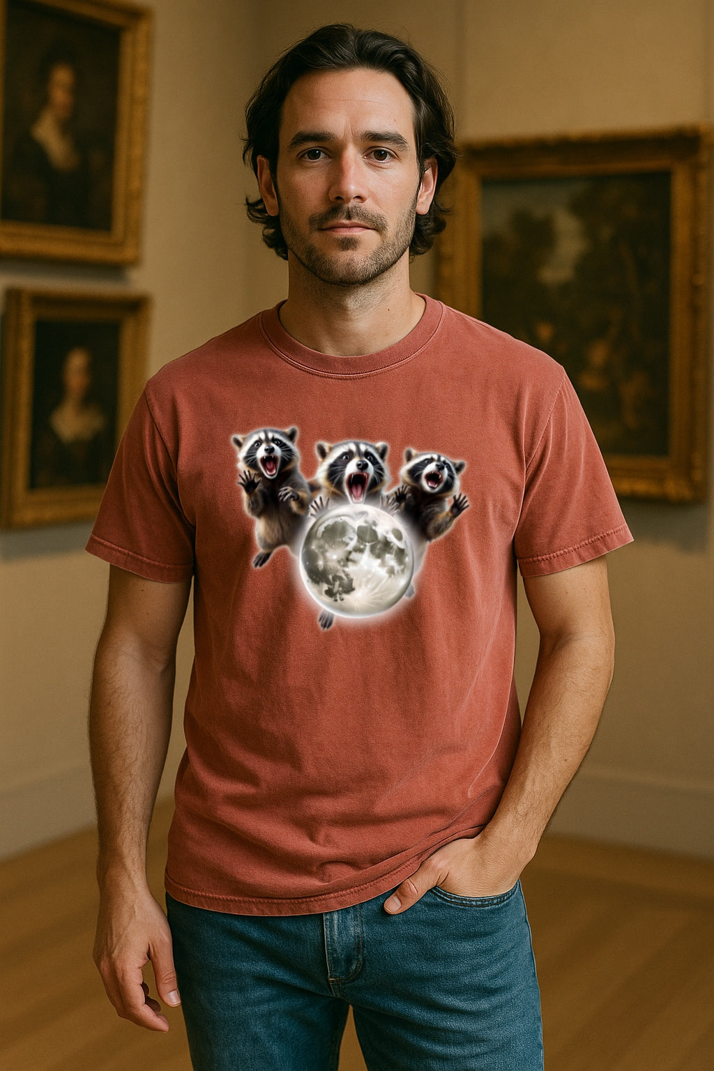 Three Raccoons Howling at the Moon- Midnight Screaming at the Moon, Full Moon Party Animal  Washed T-shirt, Silly Nature Lover Gift