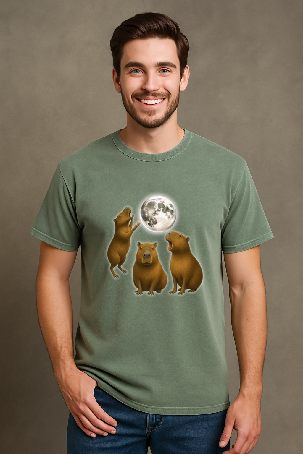 Moonlit Capybara Graphic T-Shirt - Three Capybaras Howling at the Moon T-Shirt -Unisex Comfort Colors™ Washed Tee