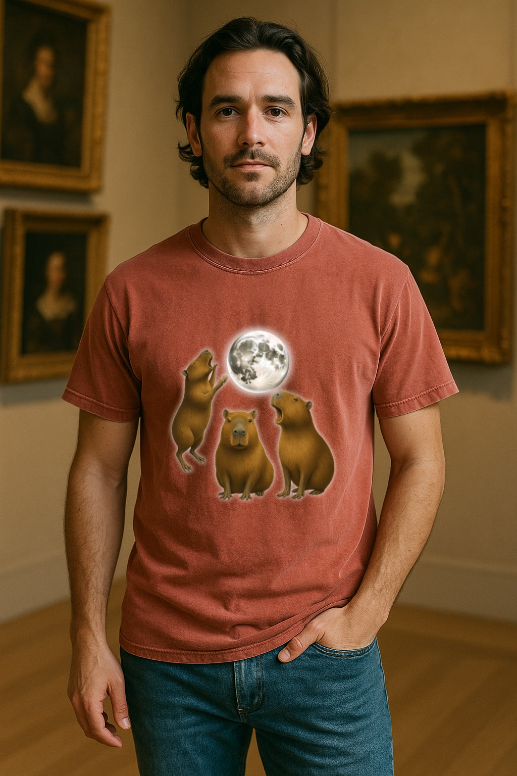 Moonlit Capybara Graphic T-Shirt - Three Capybaras Howling at the Moon T-Shirt -Unisex Comfort Colors™ Washed Tee