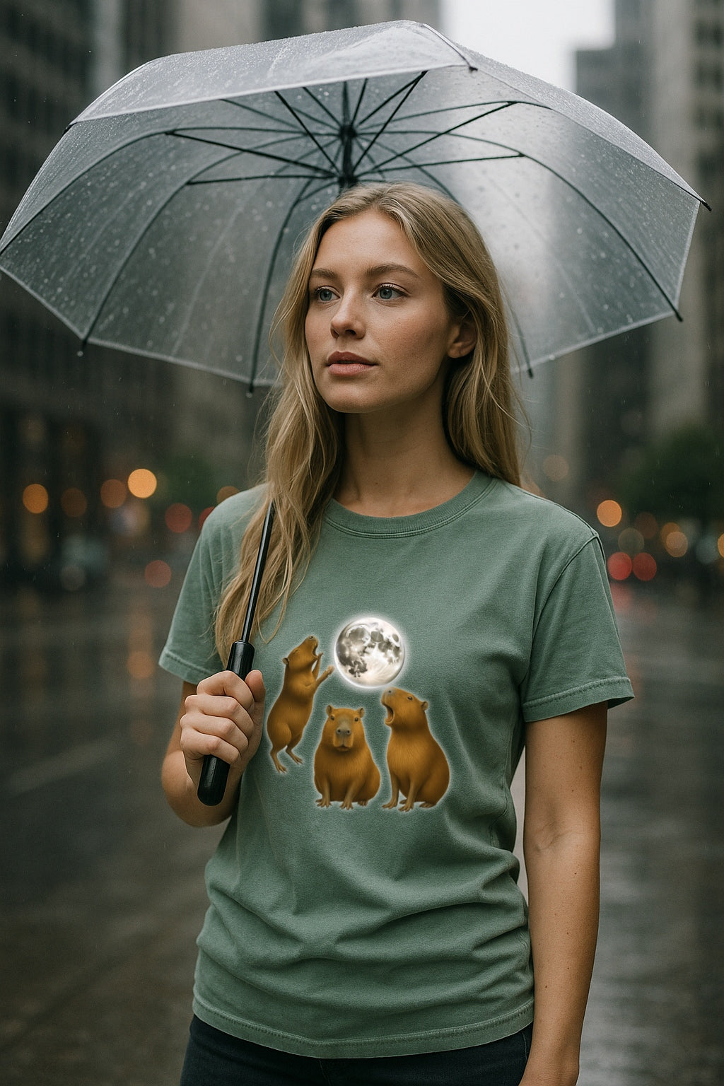 Moonlit Capybara Graphic T-Shirt - Three Capybaras Howling at the Moon T-Shirt -Unisex Comfort Colors™ Washed Tee