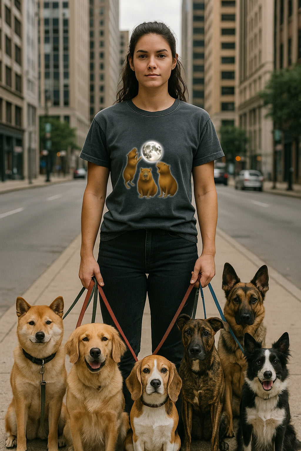Moonlit Capybara Graphic T-Shirt - Three Capybaras Howling at the Moon T-Shirt -Unisex Comfort Colors™ Washed Tee