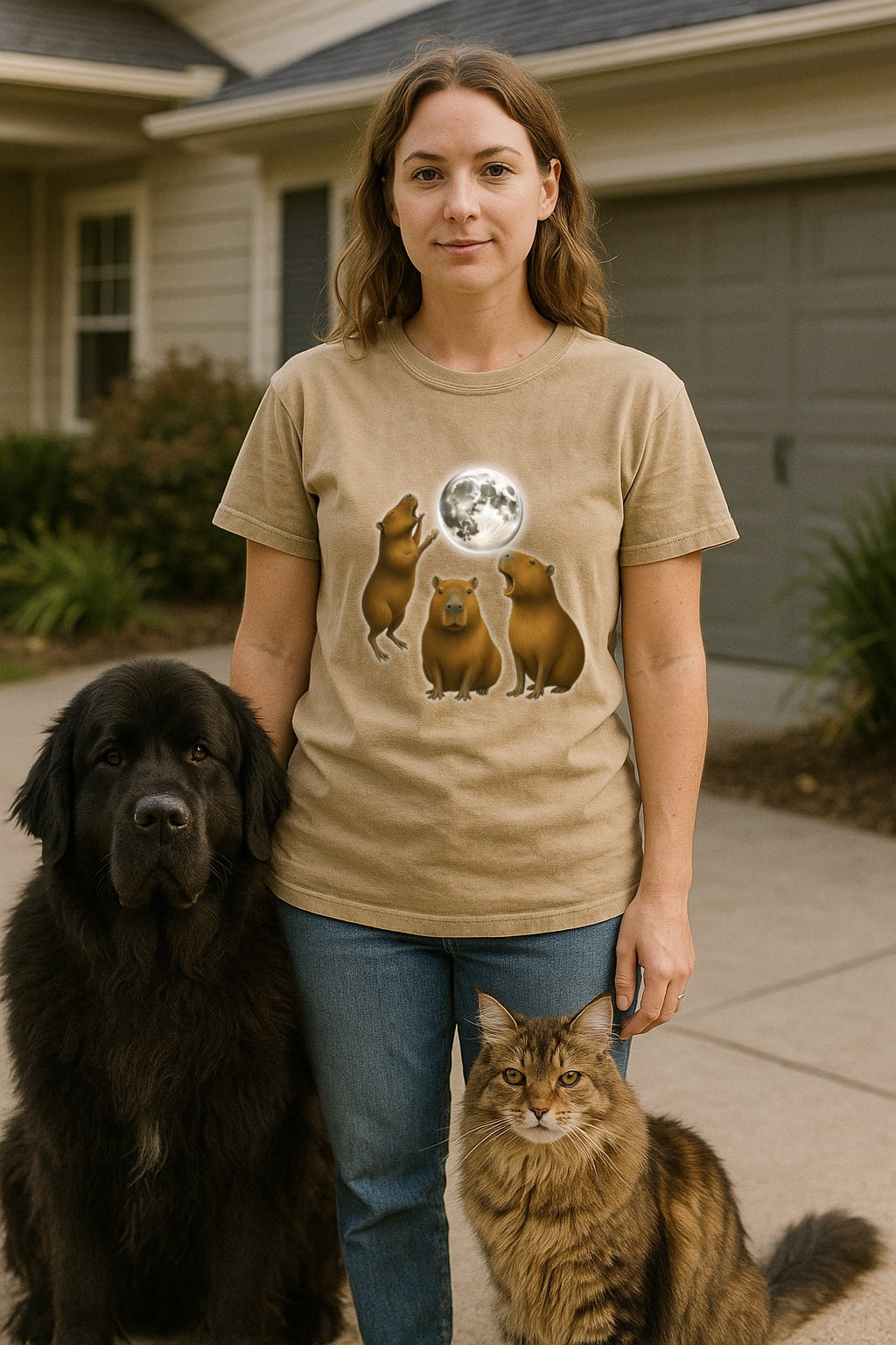 Moonlit Capybara Graphic T-Shirt - Three Capybaras Howling at the Moon T-Shirt -Unisex Comfort Colors™ Washed Tee