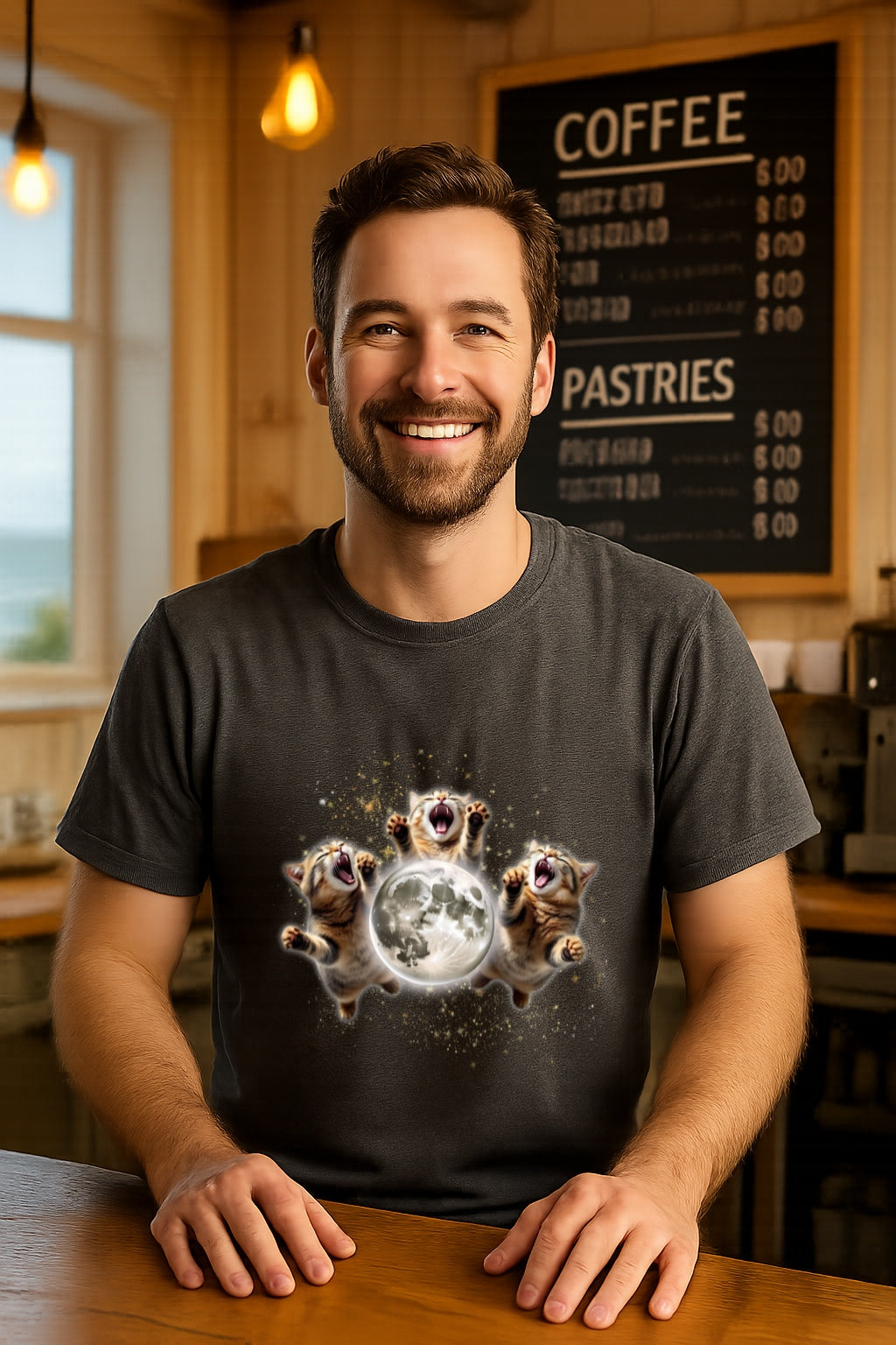 Three Cats Howling to the Moon Retro Tee 90s Meme -Vintage Moon Graphic T- Shirt, Oversized Washed Tee Cat Lovers Tee Gift weird T-shirt