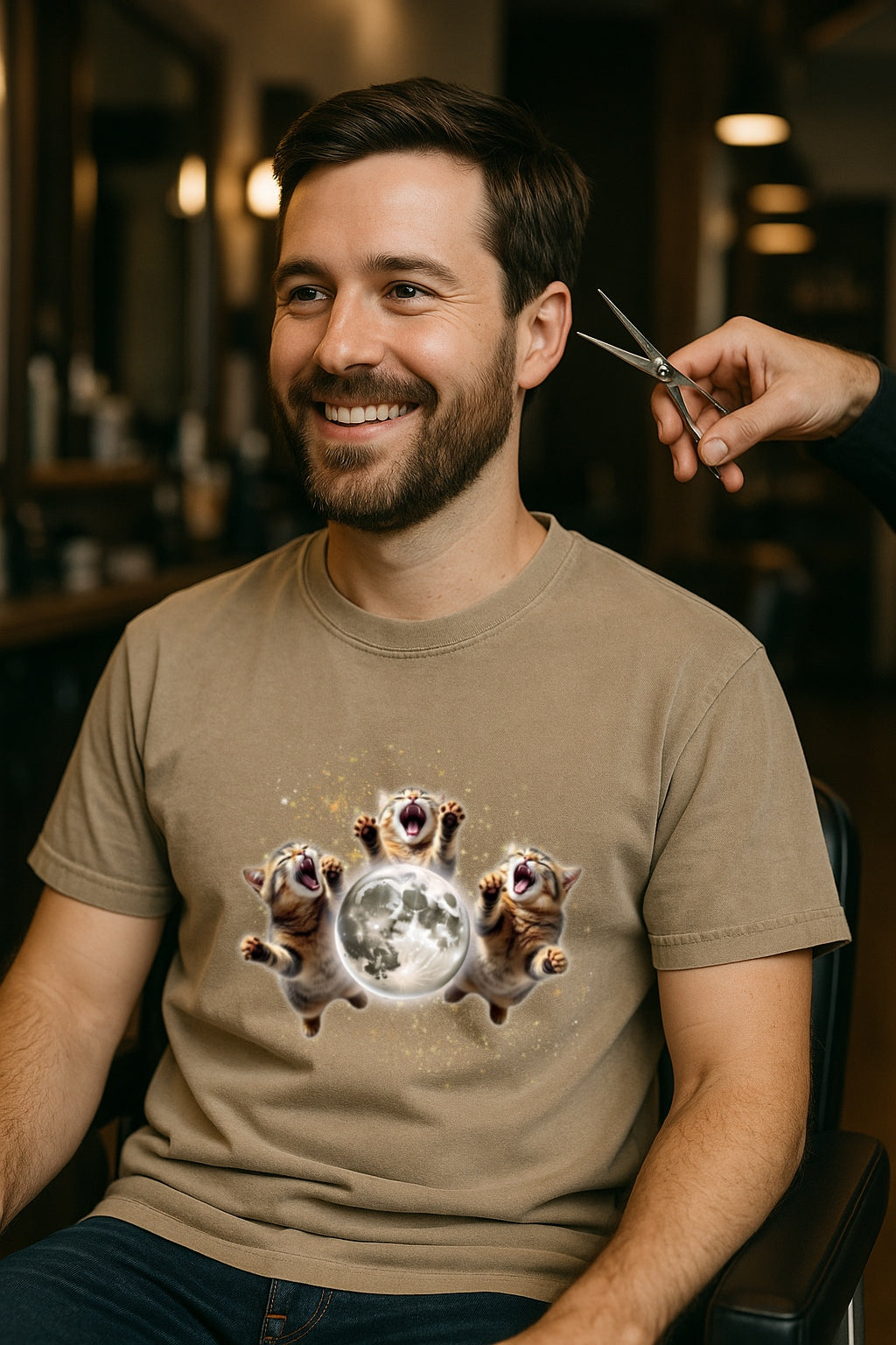 Three Cats Howling to the Moon Retro Tee 90s Meme -Vintage Moon Graphic T- Shirt, Oversized Washed Tee Cat Lovers Tee Gift weird T-shirt