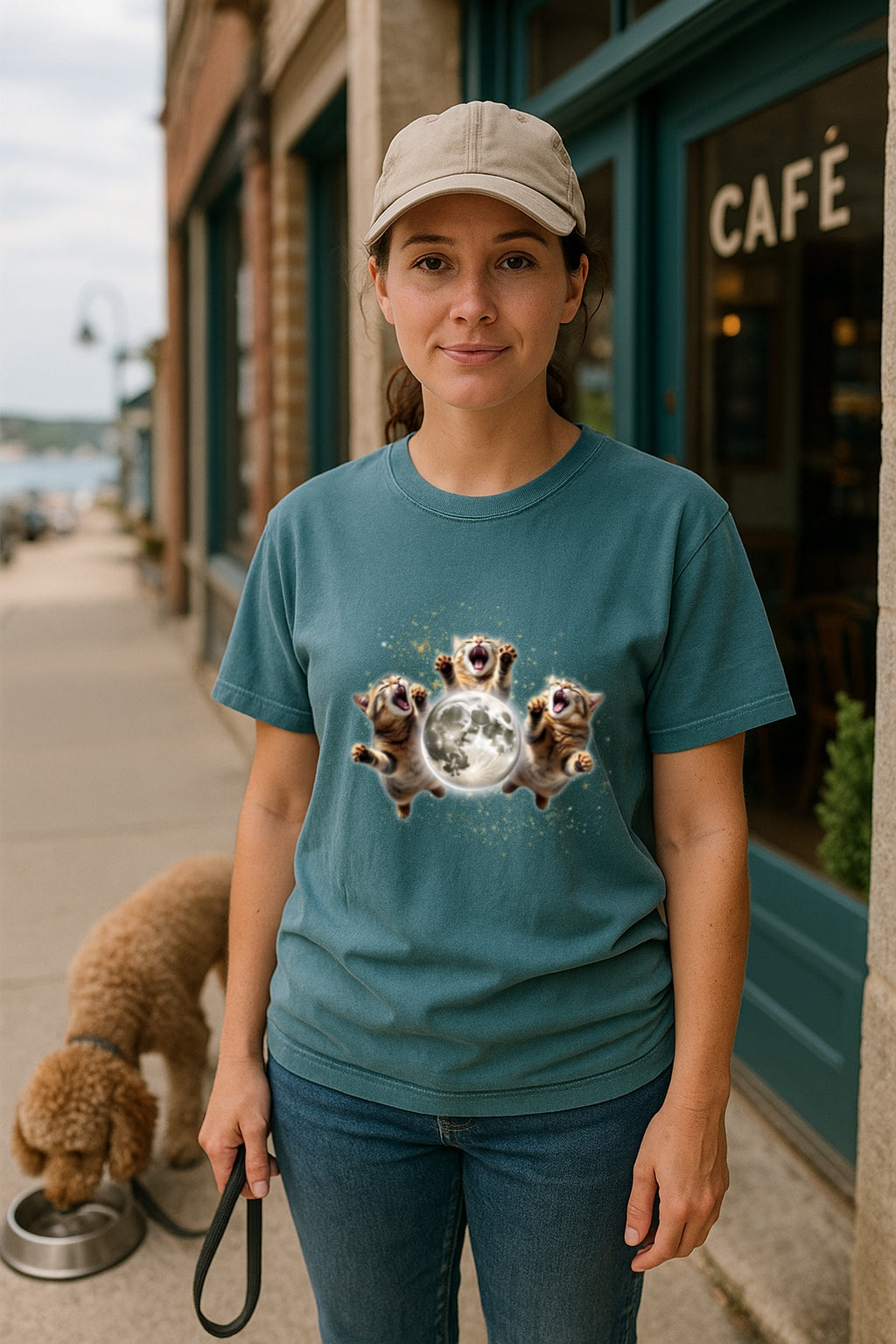 Three Cats Howling to the Moon Retro Tee 90s Meme -Vintage Moon Graphic T- Shirt, Oversized Washed Tee Cat Lovers Tee Gift weird T-shirt