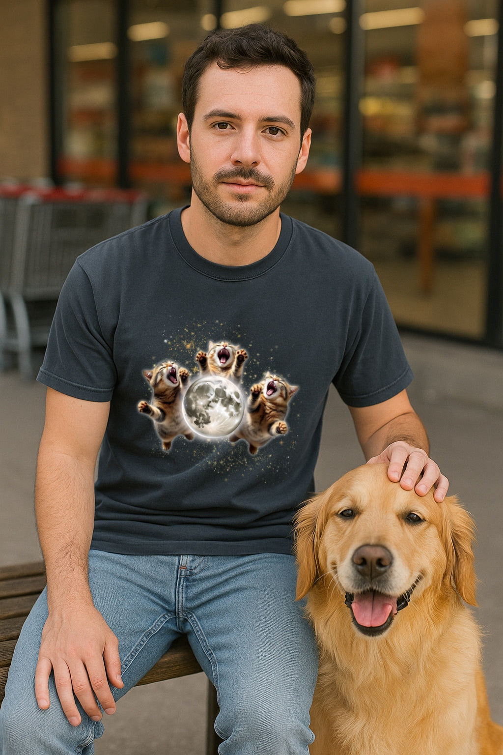 Three Cats Howling to the Moon Retro Tee 90s Meme -Vintage Moon Graphic T- Shirt, Oversized Washed Tee Cat Lovers Tee Gift weird T-shirt