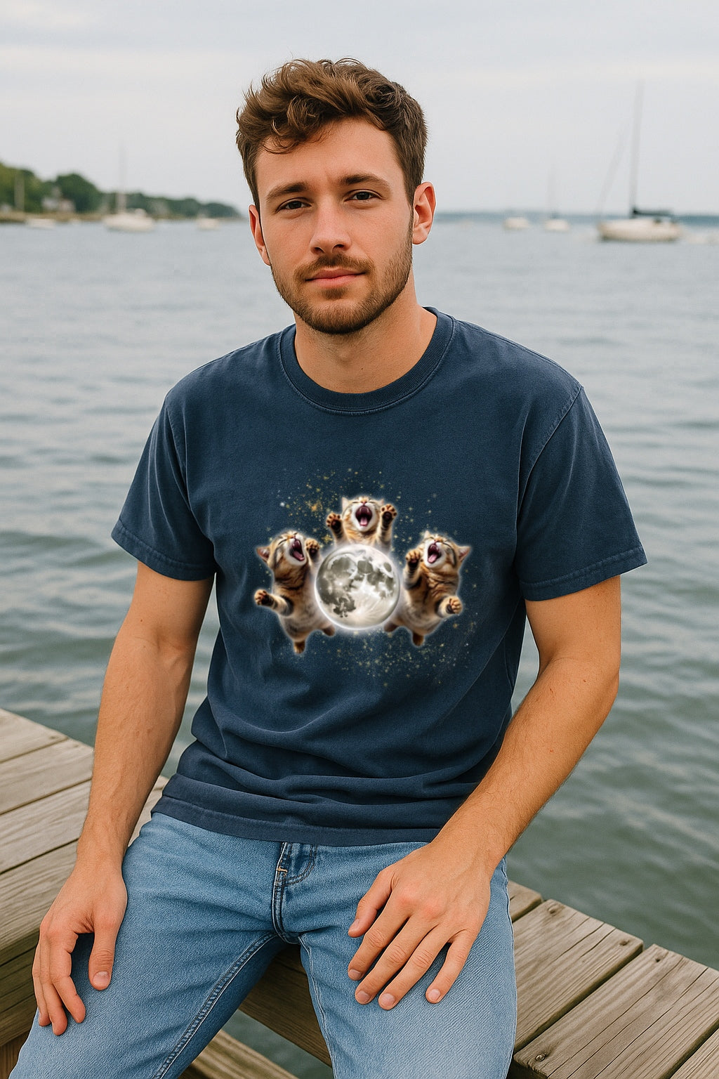 Three Cats Howling to the Moon Retro Tee 90s Meme -Vintage Moon Graphic T- Shirt, Oversized Washed Tee Cat Lovers Tee Gift weird T-shirt
