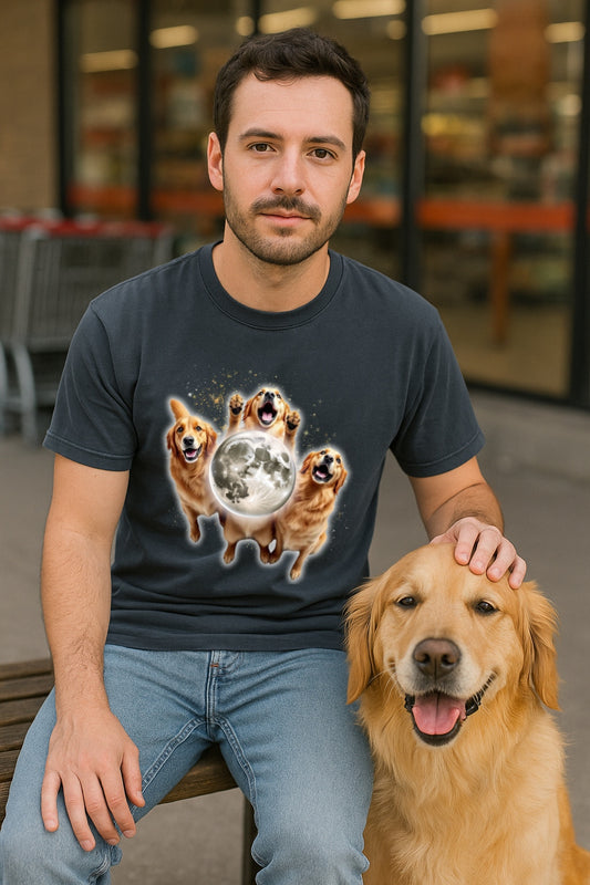 Three Dogs Howling to the Moon Retro Tee 90s Meme -Vintage Moon Graphic Tee, Oversized Washed Tee Olden Retrievers Lovers Tee Gift T-shirt