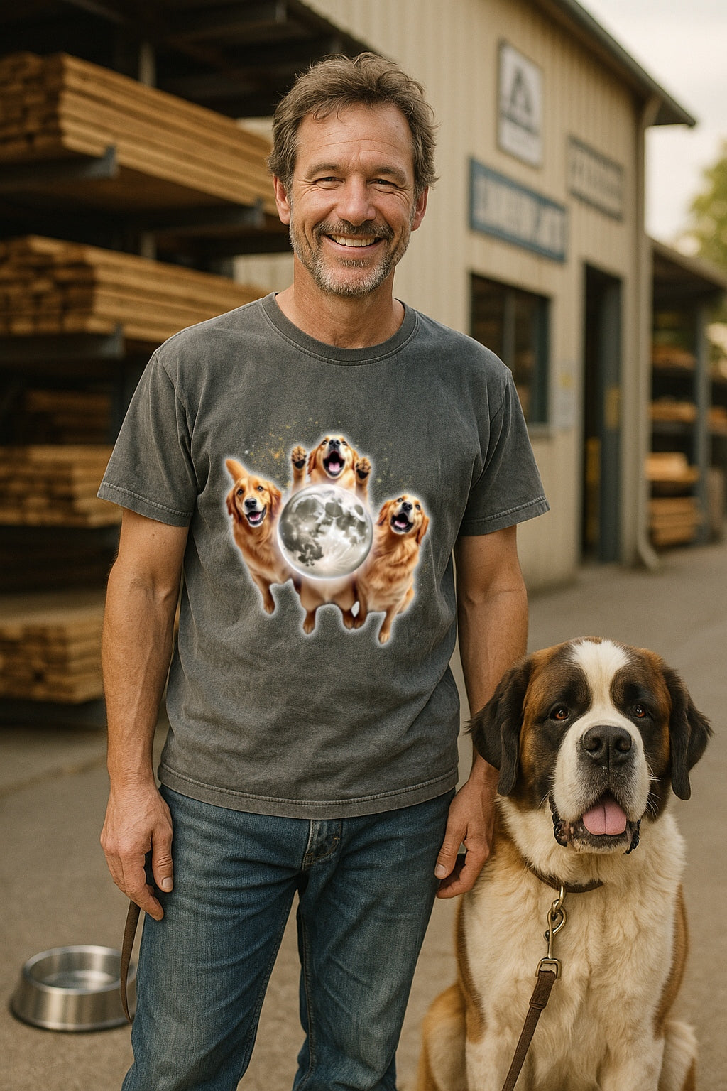 Three Dogs Howling to the Moon Retro Tee 90s Meme -Vintage Moon Graphic Tee, Oversized Washed Tee Olden Retrievers Lovers Tee Gift T-shirt