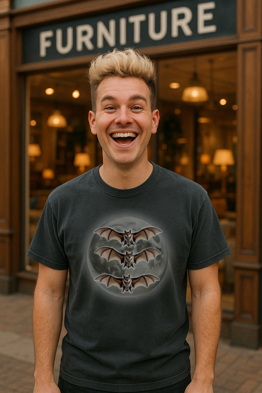 Three Bats Moon Retro Vintage Tee 90s Comfort Colors™ Washed T-Shirt-Graphic Gothic Unisex Shirt Horror Art, Dark Oversized