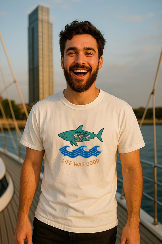 Life Was Good Shark Skeleton T-Shir-Comfort Colors™ Washed Retro Beach Humor Tee,Coastal Vintage Graphic Shirt, Lilac Aesthetic Summer Gift"