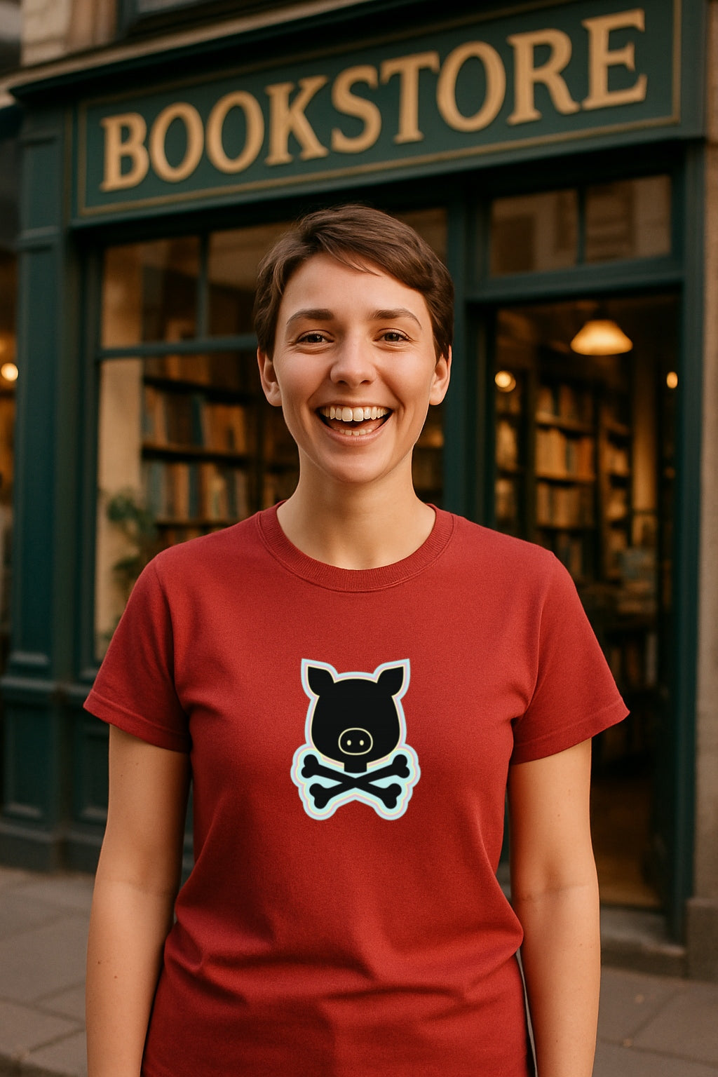 Pigskull Retro T-Shirt -Bold Cartoon Pig and Crossbones Design - Vintage Cute Goth Streetwear Unisex Gildan 64000 T-Shirt