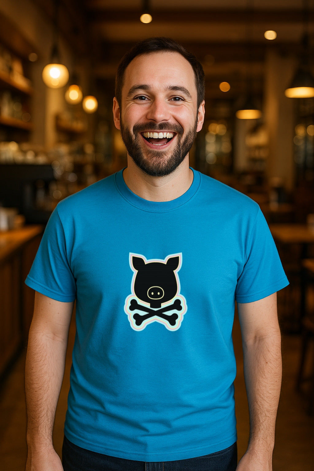 Pigskull Retro T-Shirt -Bold Cartoon Pig and Crossbones Design - Vintage Cute Goth Streetwear Unisex Gildan 64000 T-Shirt