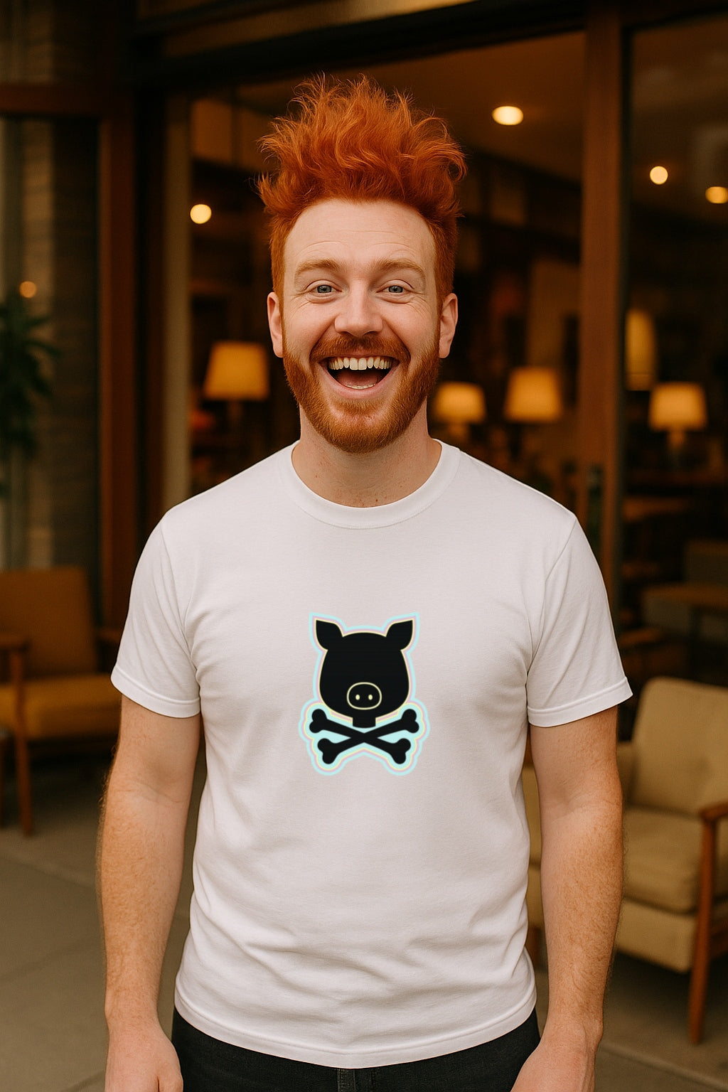 Pigskull Retro T-Shirt -Bold Cartoon Pig and Crossbones Design - Vintage Cute Goth Streetwear Unisex Gildan 64000 T-Shirt
