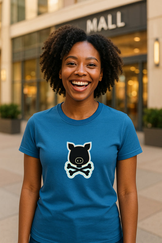 Pigskull Retro T-Shirt -Bold Cartoon Pig and Crossbones Design - Vintage Cute Goth Streetwear Unisex Gildan 64000 T-Shirt